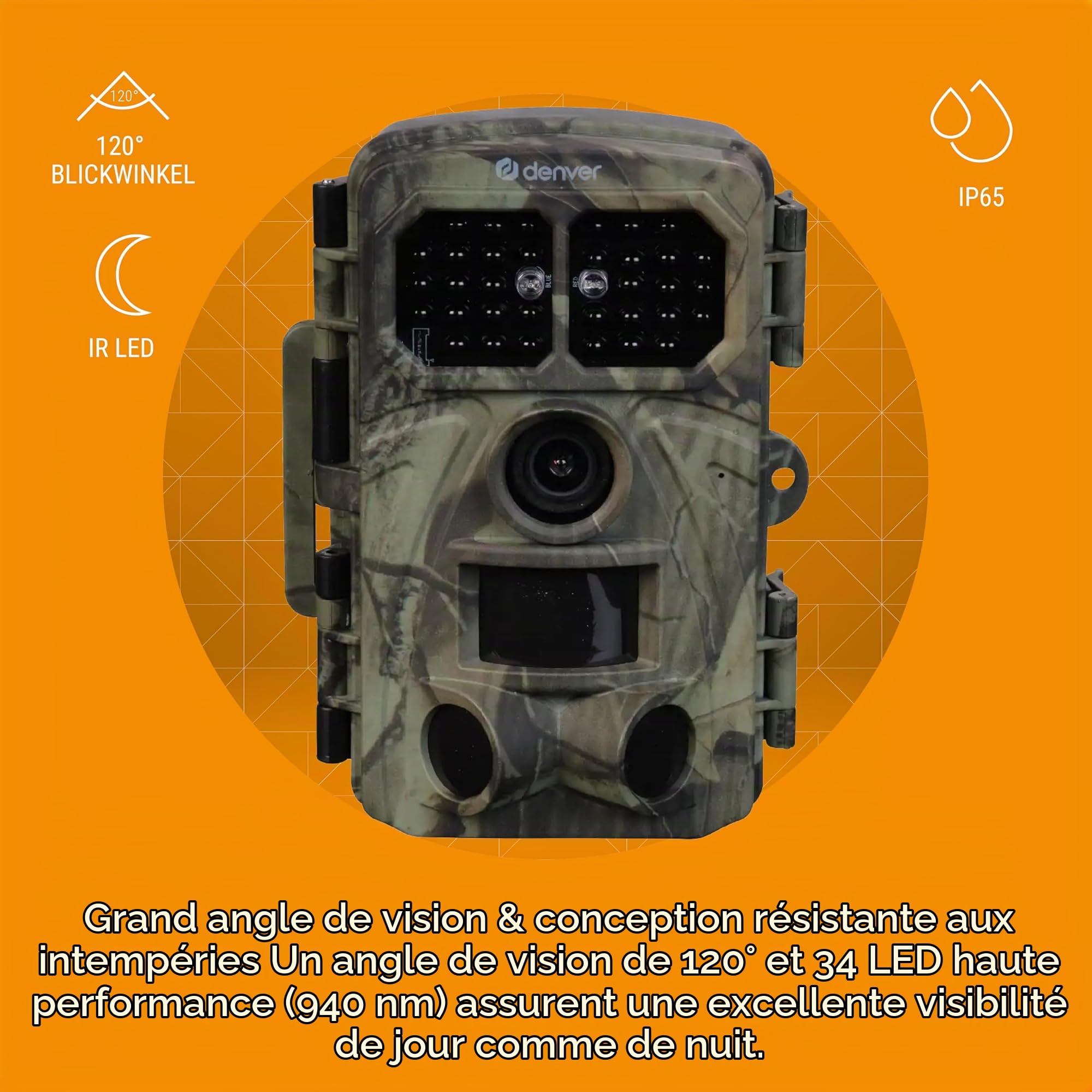 Denver WCT-8026W Caméra de Chasse Wi-FI/Bluetooth, 8 MP CMOS, vidéo 4K, Photos 48 MP, IP65, Vision Nocturne, TrailCam Go