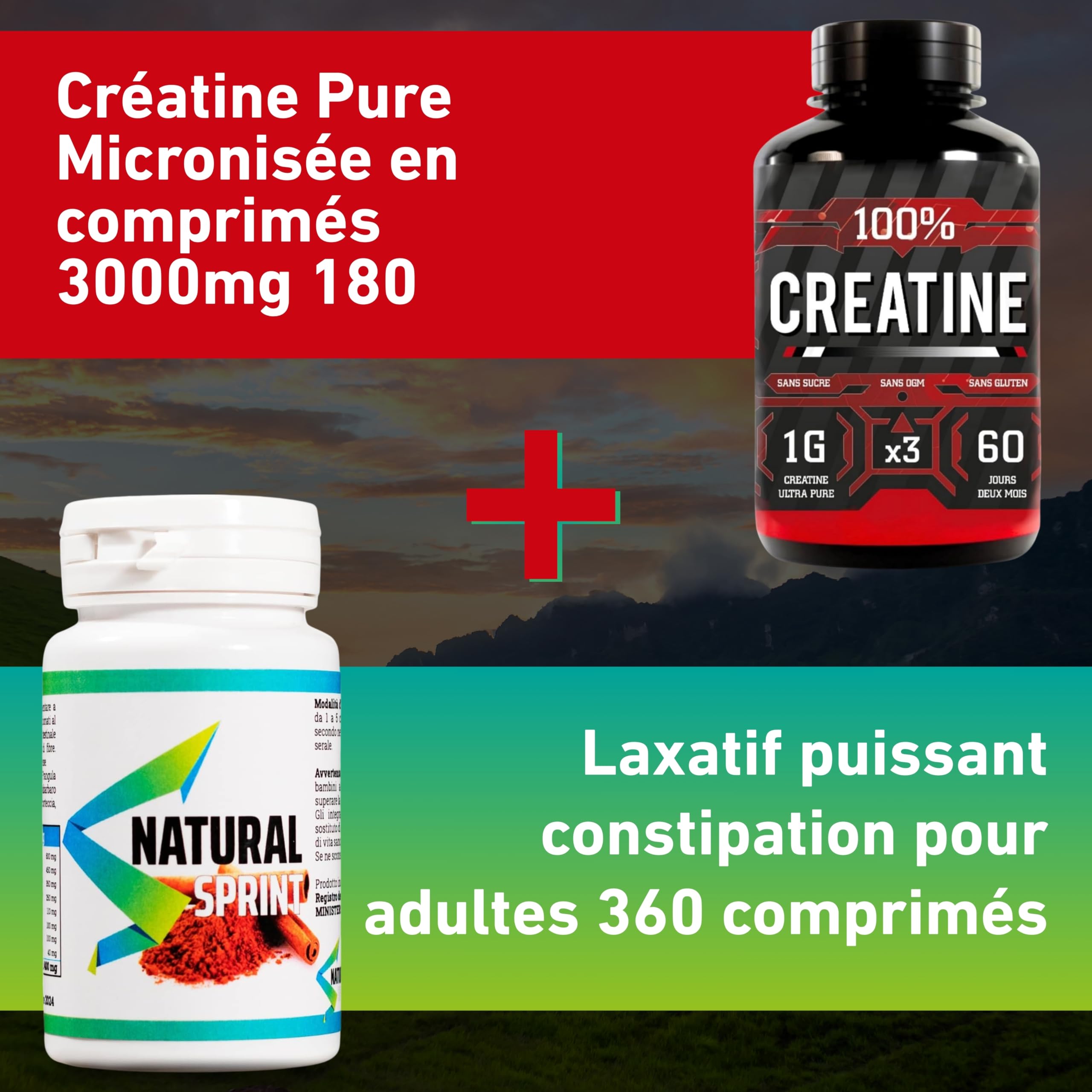 Créatine 180 Comprimés + Laxatif 360 Comprimés – Complément pour performance musculaire, énergie avant et après l’entraînement et confort intestinal