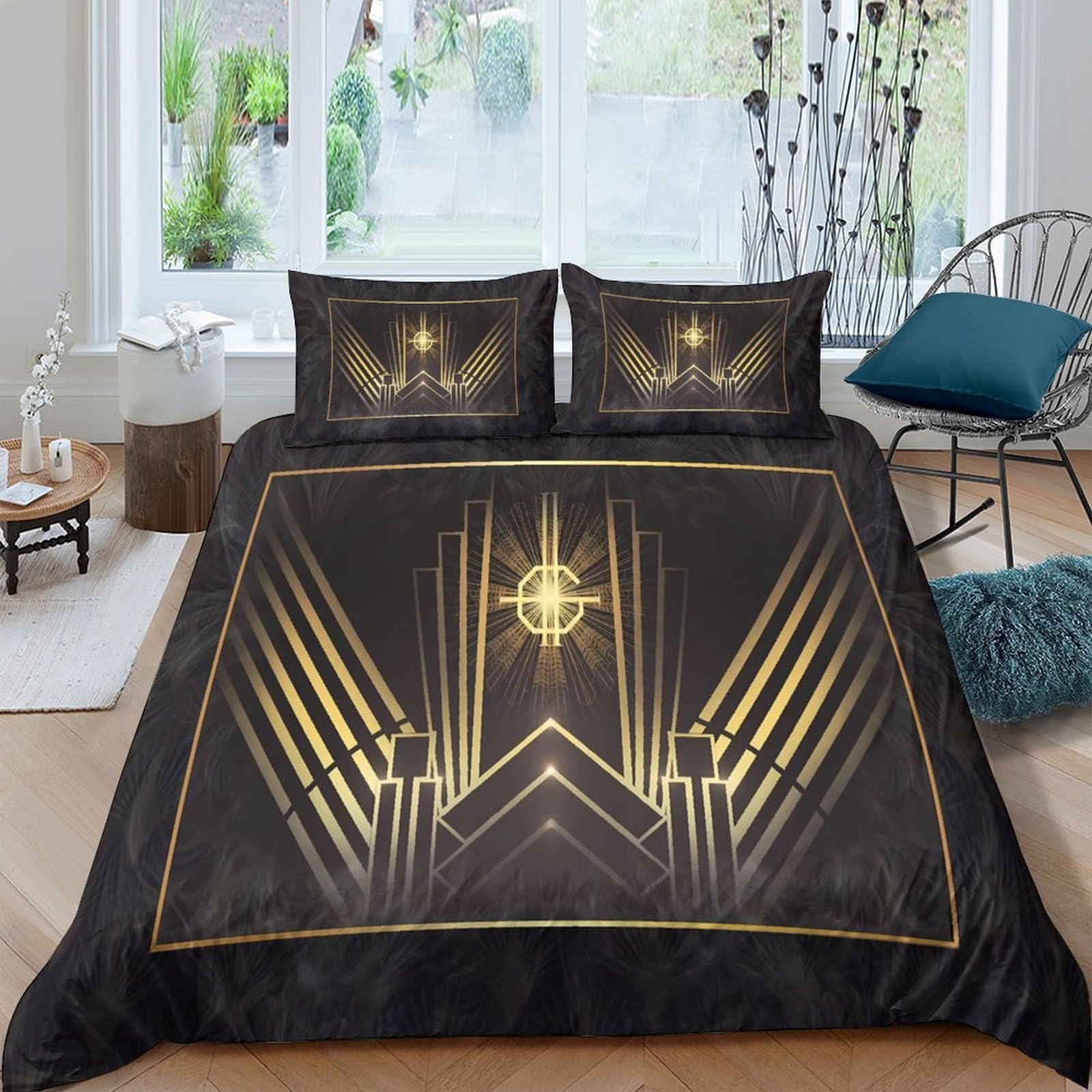 Ctjqhvkz Style-7 3D Printed Art Deco Gold Black Fitted Sheet Microfiber Slip-Resistant Geometric Bed Cover For Bedroom Guest Room Decor Single（135X200cm）