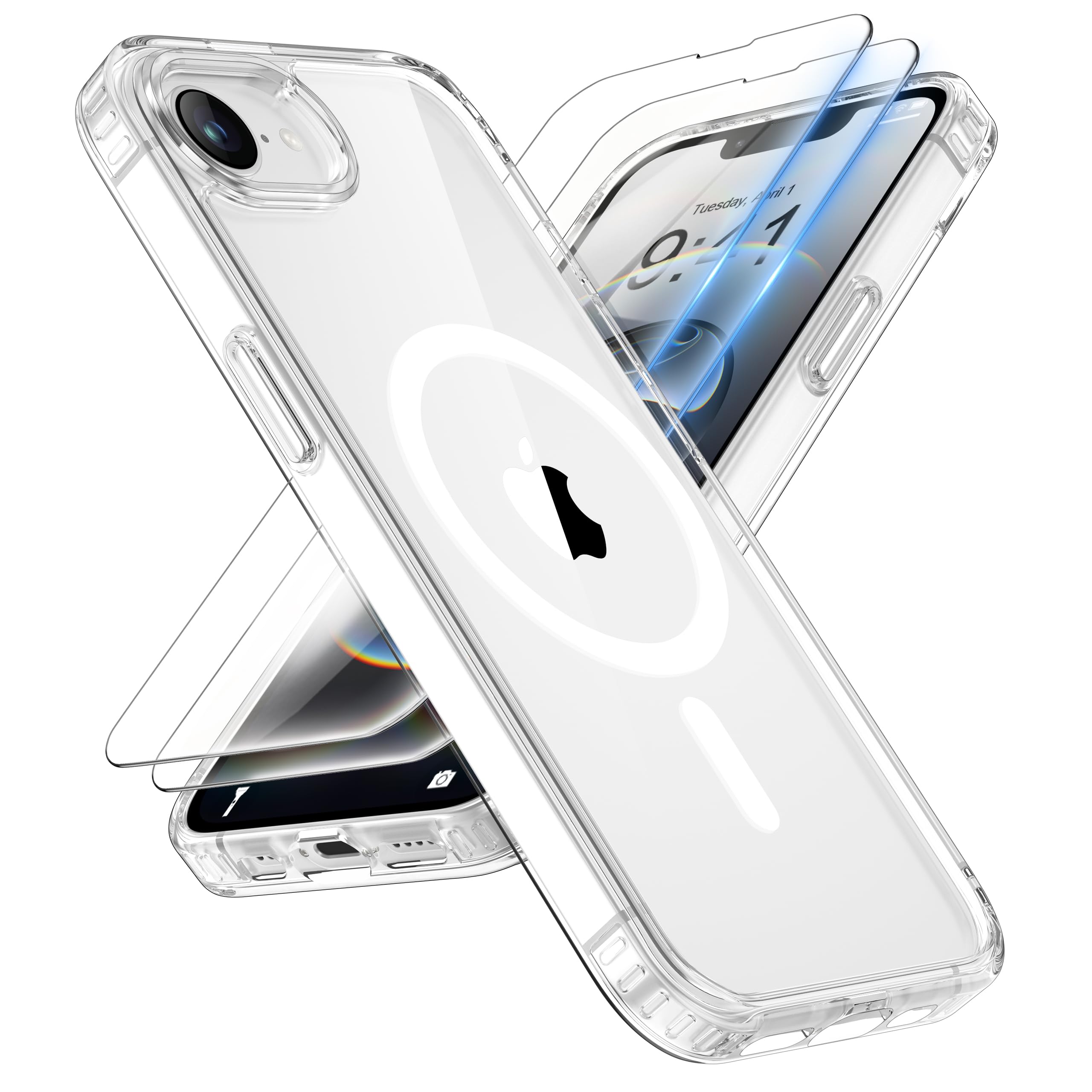 ORETECH Magnetica Cover per iPhone 16e(2025) 6,1 Pollici con 2 Vetro Temperato,Compatibile con MagSafe,Anti-Graffio Antiurto Ultra Sottile Hard PC iPhone 16e Cover-Trasparente