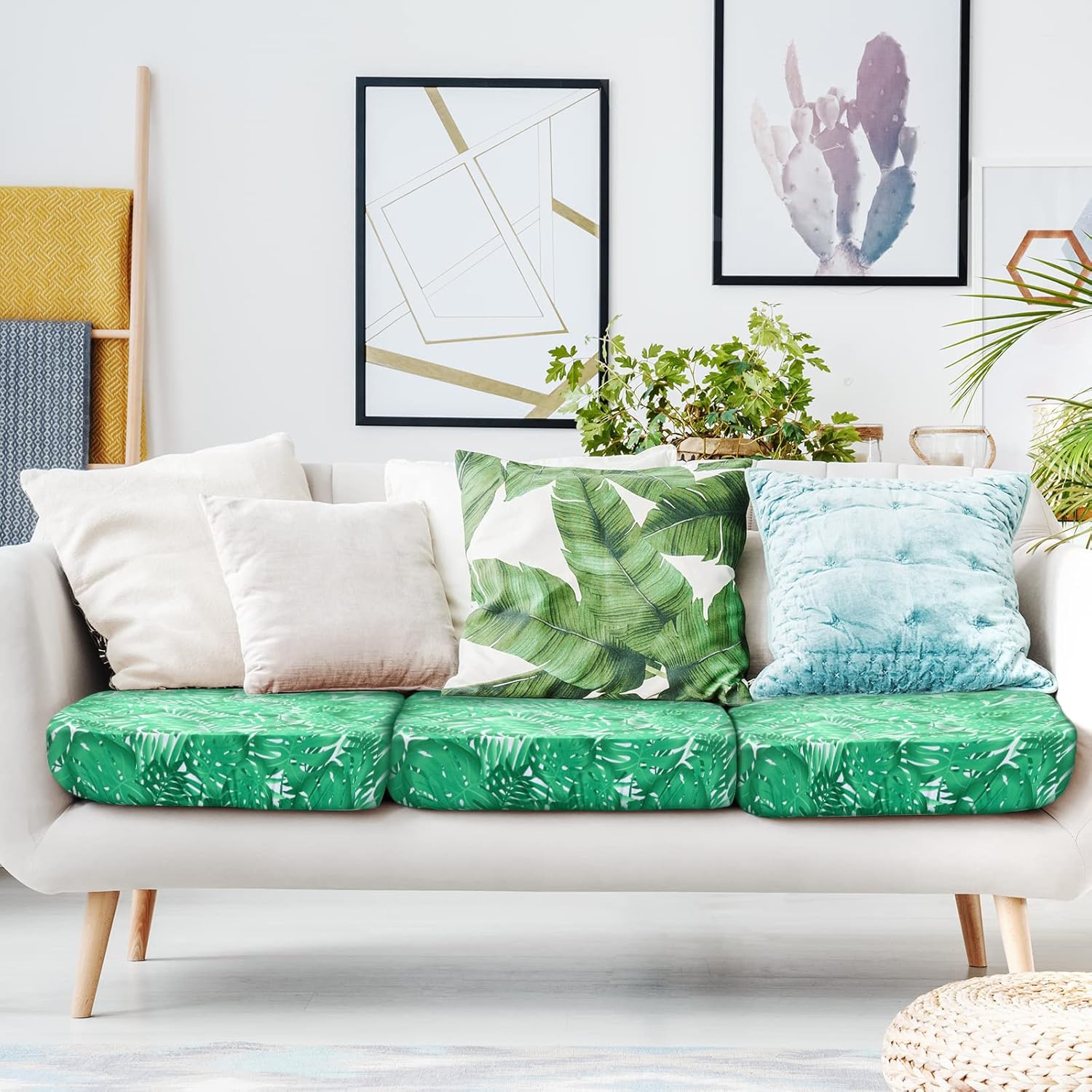 Newwiee 12 Pcs Patio Cushion Covers Outdoor Stretch Sofa Couch Cover Replacement Couch Slipcover Sofa Seat Chair Porch Patio Furniture Protector, Flexibility Washable(Green,Monstera)