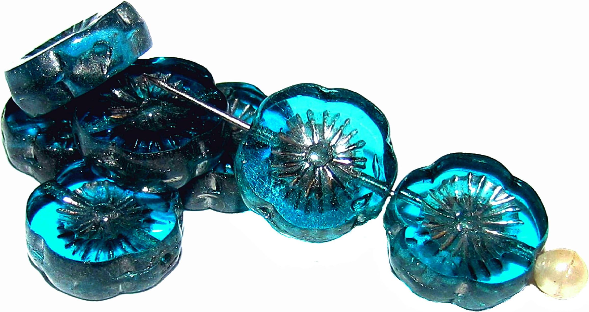 6 Pieces 12mm Hawaiian Flower Beads - Czech Carved Glass Beads Table Cut, Aqua Transparent Silver Picasso