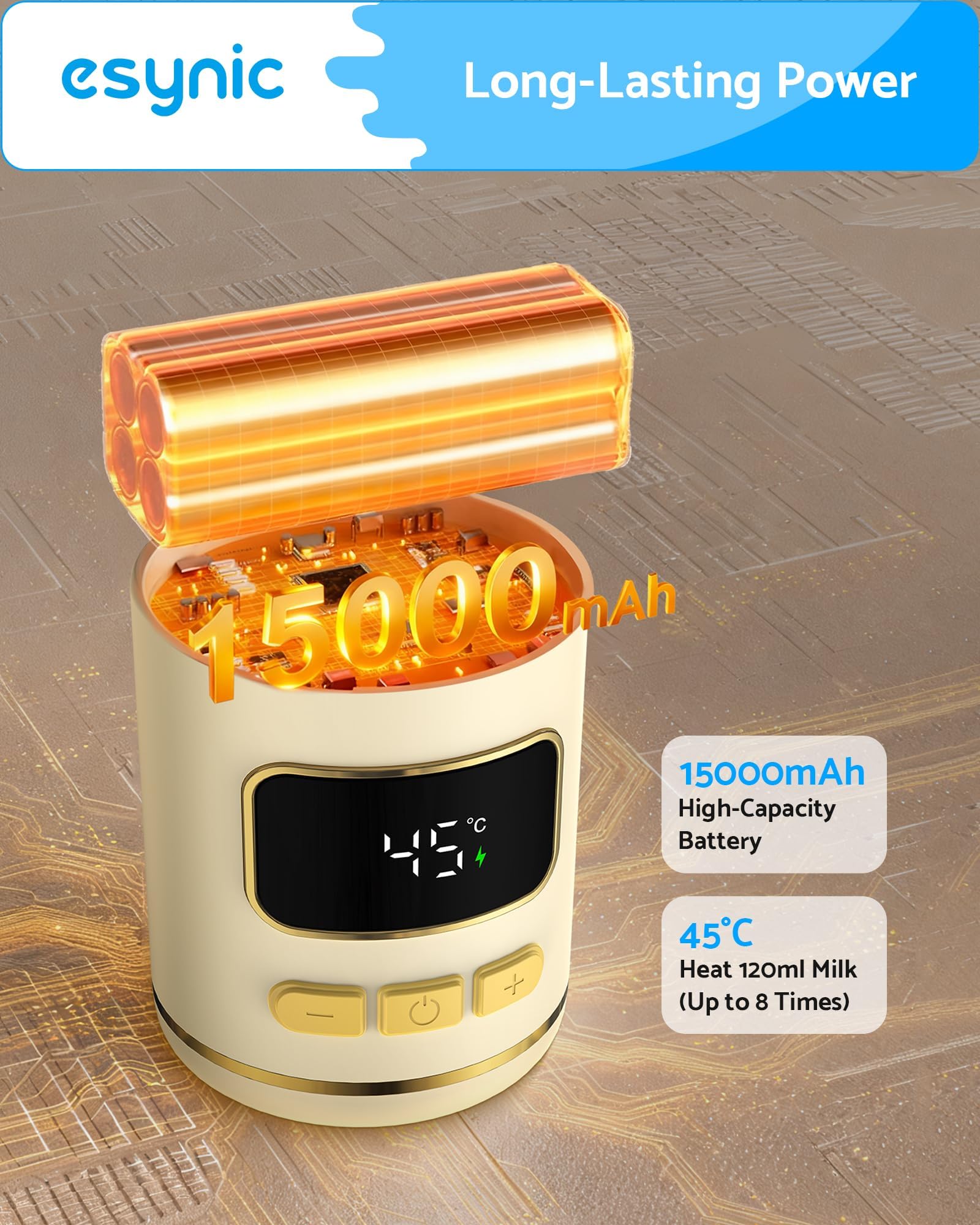eSynic Portable 450ml Baby Bottle Warmer Fast 3-Minute Heating with Detachable Cup Milk Warmer Adjustable Temperature Control 15000mAh Rechargeable on the Go Bottle Warmer for Breastmilk & Formula - Image 4