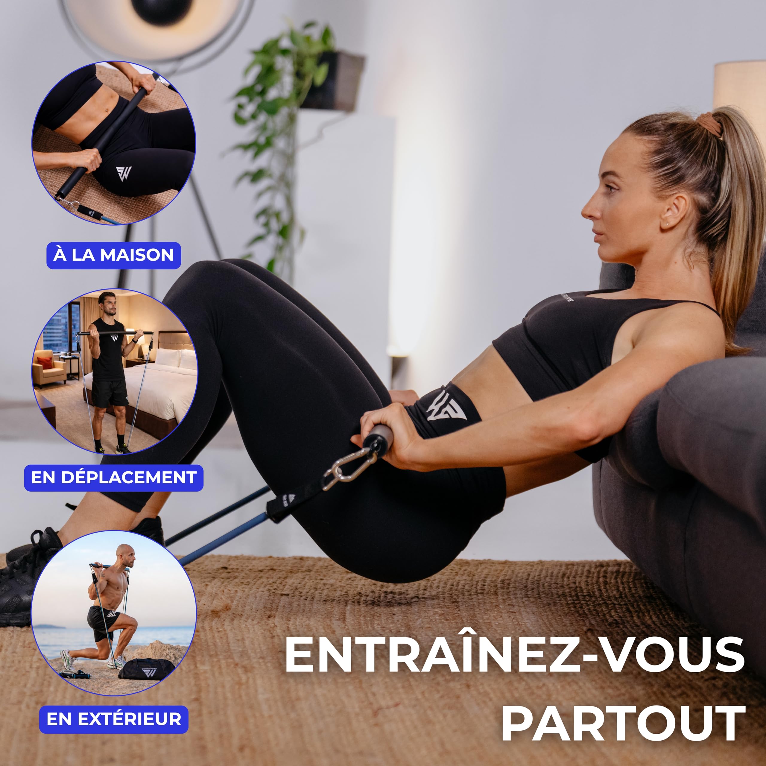 SMARTWORKOUT - Kit d’Élastiques de Musculation - 7 Bandes de Résistance Ajustable - Poignées, Sangles de Cheville, Ancrage de Porte, +150 Exercices, Programmes en Vidéo Inclus, Transportable