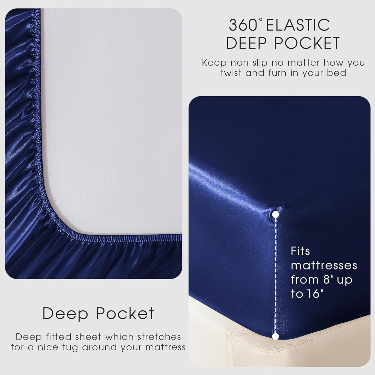 FreshCulture Satin Sheets Queen Size Bed Set- 4 Piece Luxury Soft Silky Queen Sheet Set, Similar to Silk Bed Sheets with 1 Deep Pocket Fitted Sheet, 1 Flat Sheet & 2 Pillowcases (Navy)
