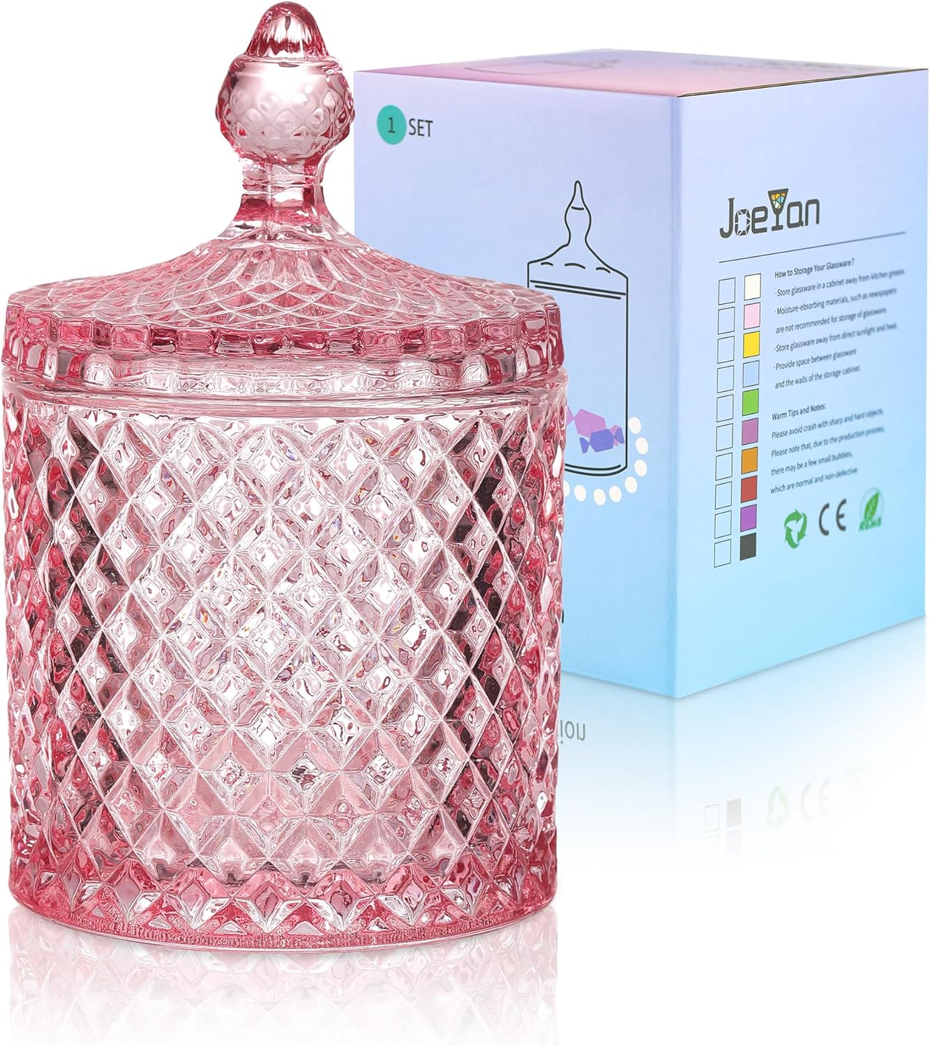 Joeyan 18 oz Light Pink Glass Jars with Lid,Embossed Candy Dishes,Diamond Faceted Jewelry Box Canisters,Decorative Glass Food Container,Colored Kitchen Storage Organizer,Gifts for Wedding Buffet