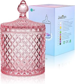 Joeyan 18 oz Light Pink Glass Jars with Lid,Embossed Candy Dishes,Diamond Faceted Jewelry Box Canisters,Decorative Glass Food Container,Colored Kitchen Storage Organizer,Gifts for Wedding Buffet
