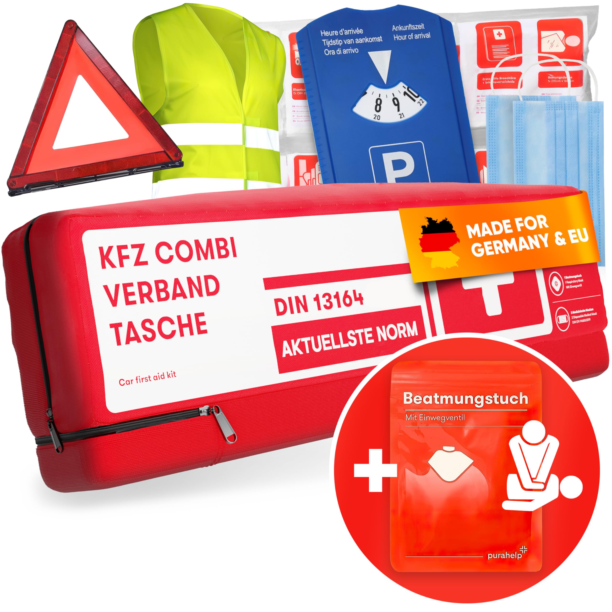 PURAHELP KFZ Kombitasche nach aktueller Norm 2026 DIN 13164 (StVO konform) - Inkl. Warndreieck, Warnweste, Parkscheibe - Verbandskasten Warndreieck Set Auto Verbandskasten 2026