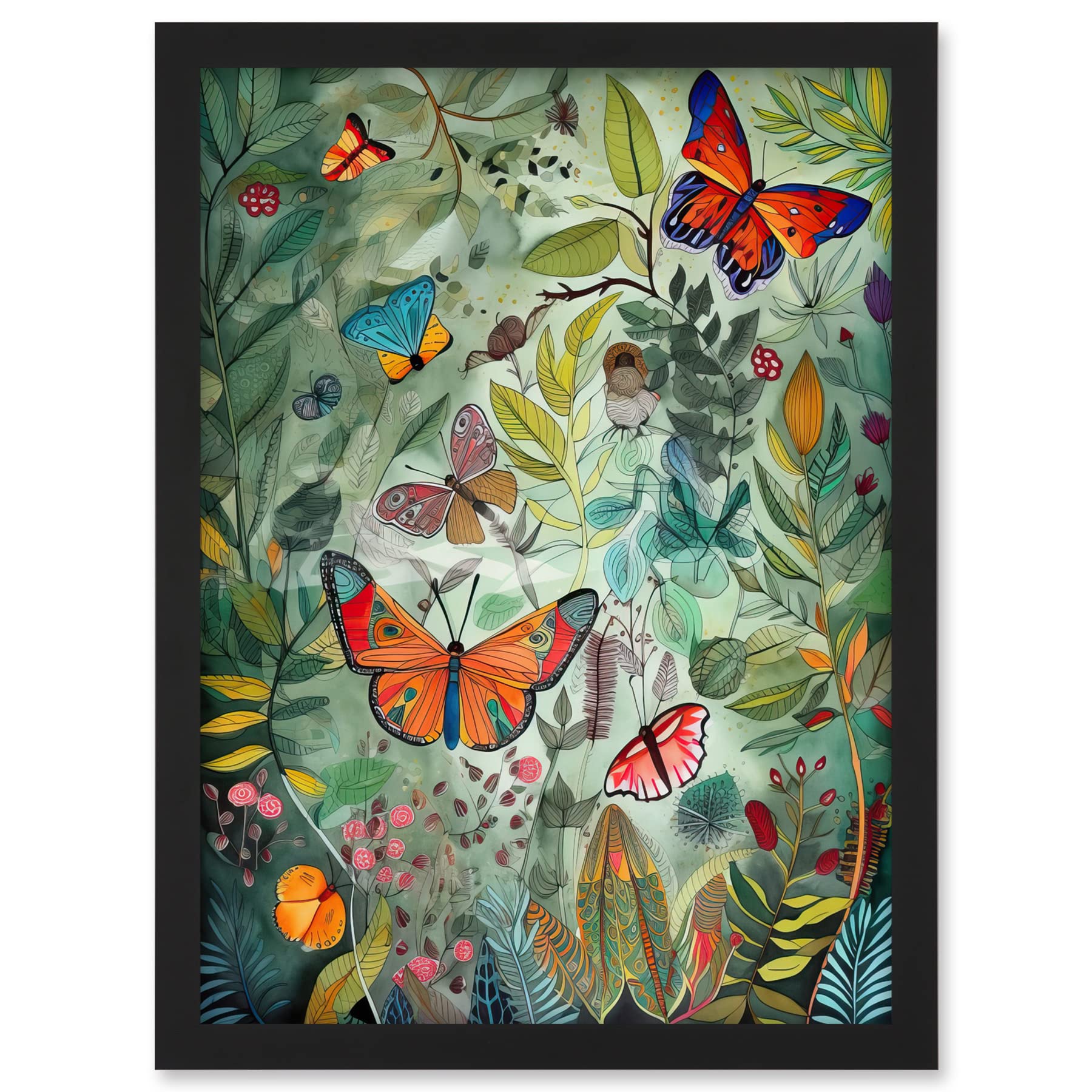 Artery8 Butterflies in a Spring Field Modern Folk Art Artwork Framed A3 Wall Art Print