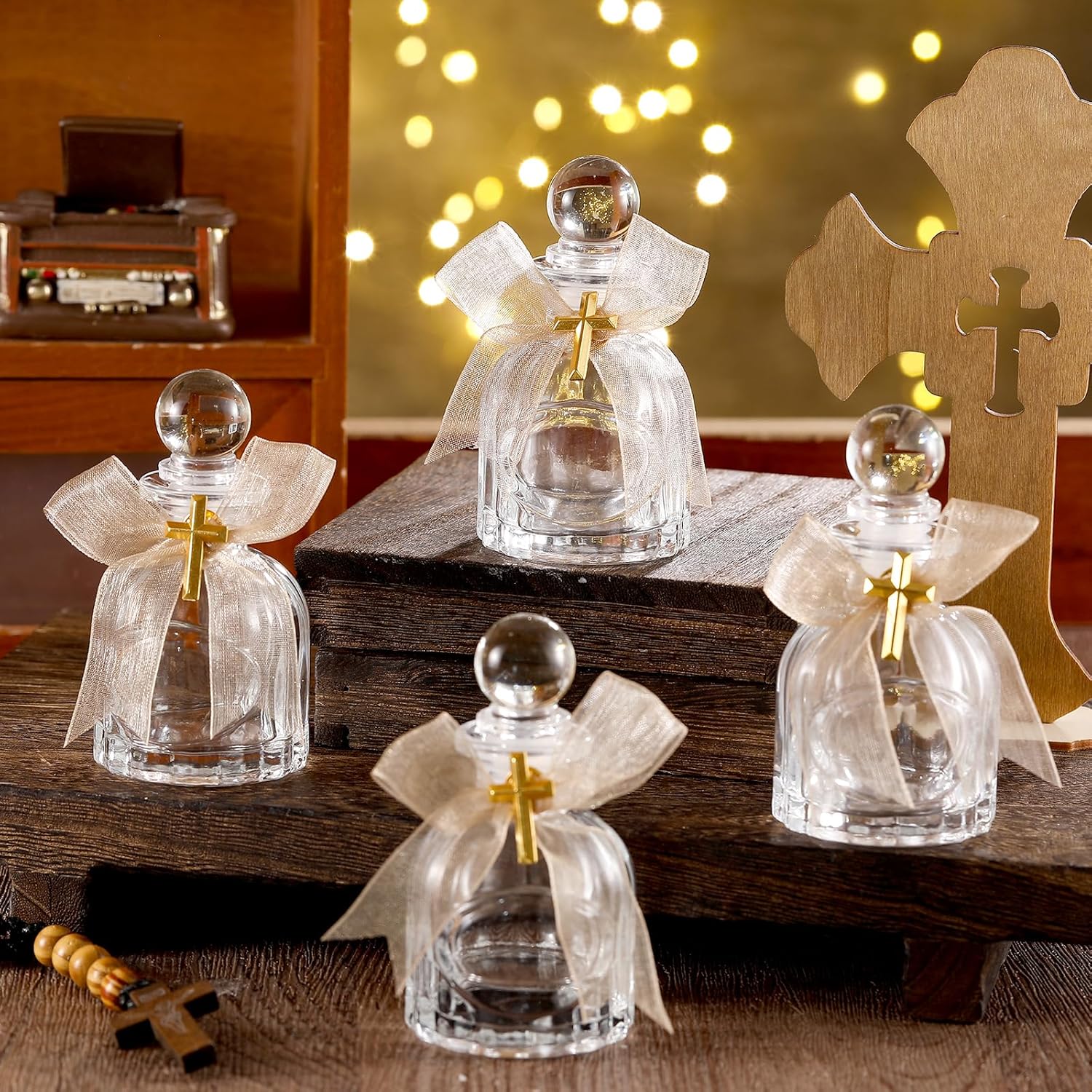Newtay Holy Water Bottles Catholic Bulk Glass Baptism Favors for Guests Christian Water Container with Cross Organza Bags Bow for Holy Communion Gifts Church Wedding Baptism (24, Latte)