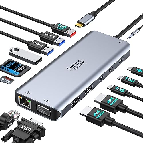 Estación de acoplamiento Selore USB C de monitor dual, estación de acoplamiento para portátil, estación de acoplamiento 14 en 1 con 3 monitores con