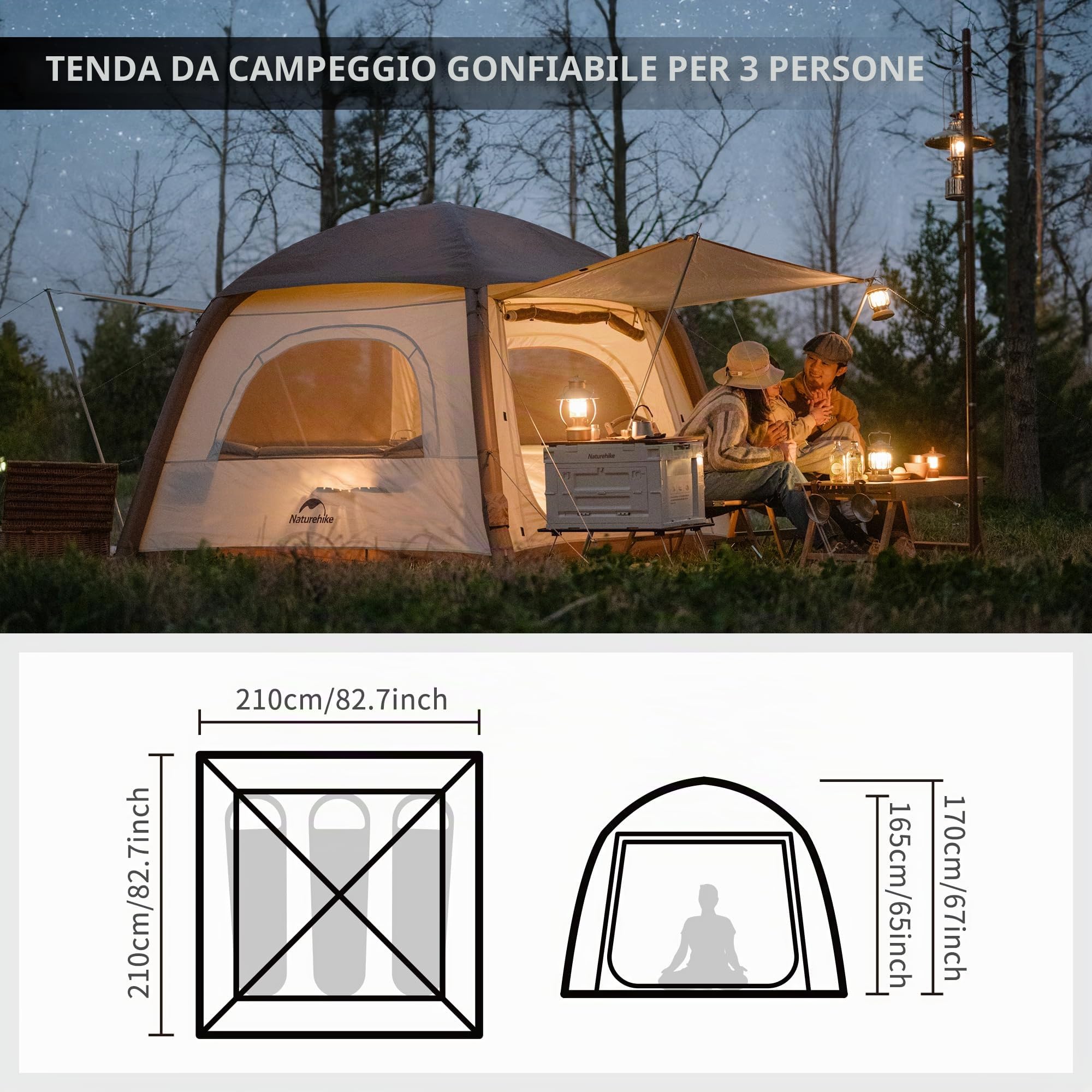 Naturehike Ango Air tenda gonfiabile per 3 persone, impermeabile, installazione rapida, tenda familiare per campeggio, in auto e all'aperto