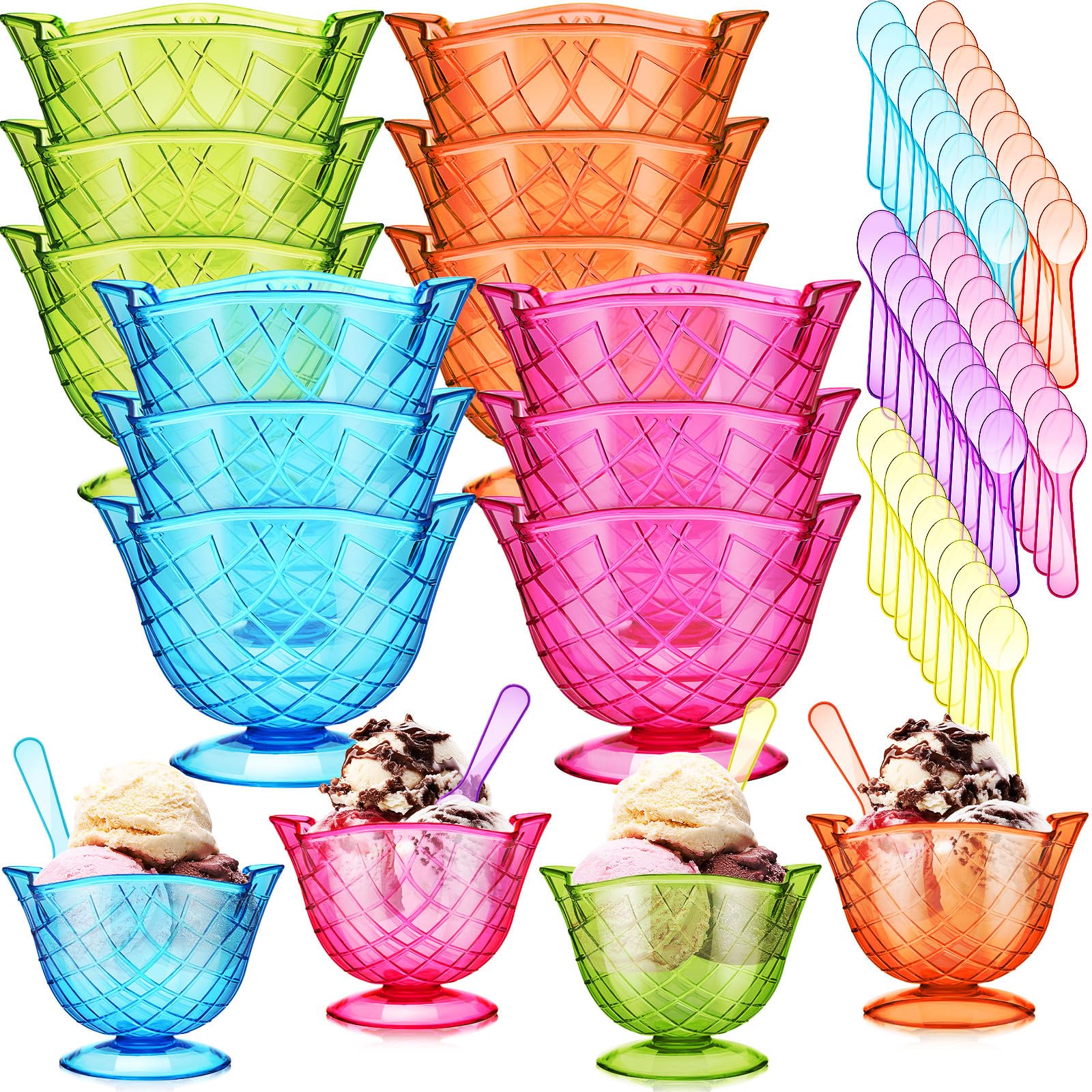 Zhehao 62 Pcs 12 oz Plastic Ice Cream Bowls with Spoons Set,Reusable Waffle Cone Pattern Ice Cream Sundae Bowls Dessert Cups Disposable in 4 Assorted