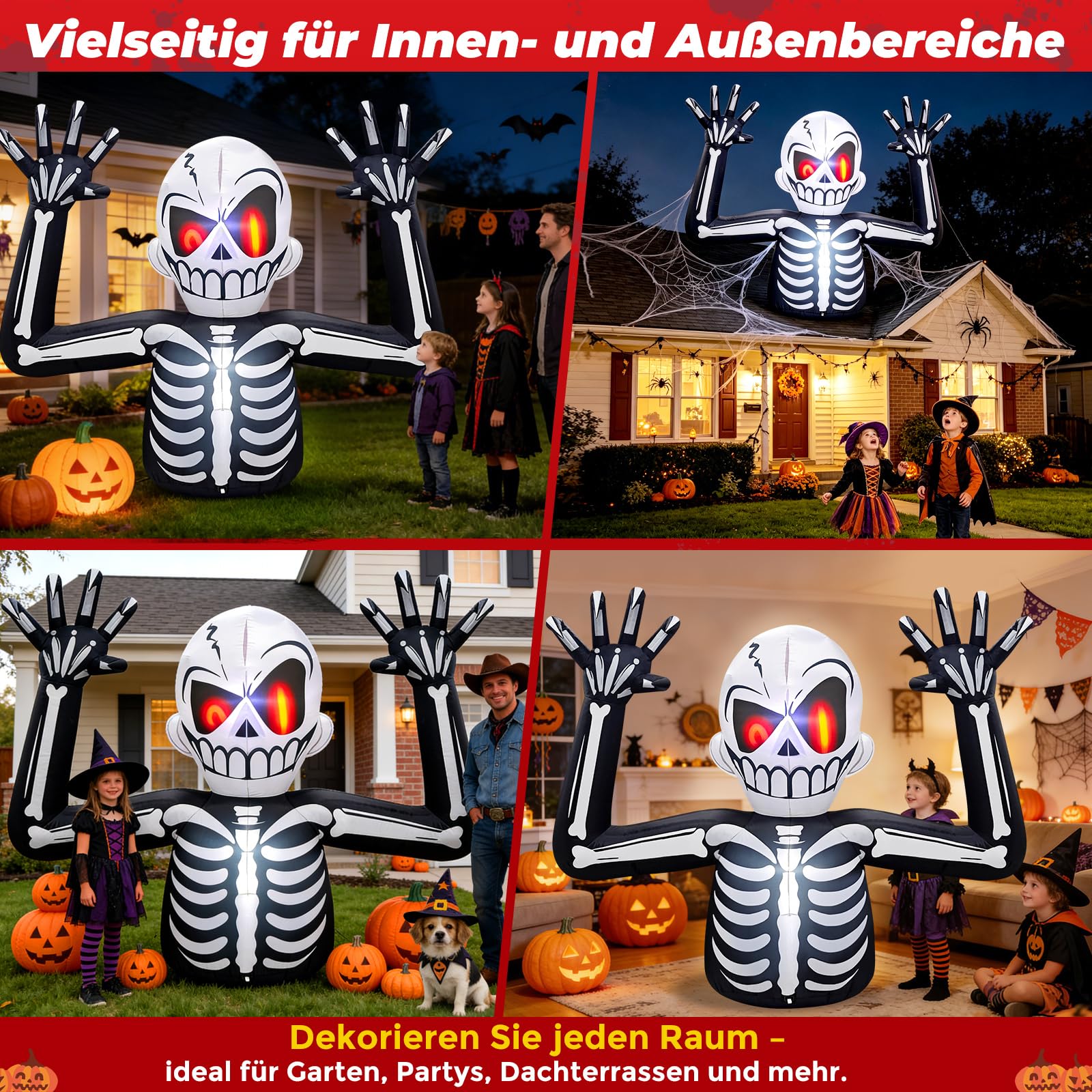 Danxilu 1,83M Gruselige Aufblasbar Halloween Skelett Außen Deko Roten Augen | Eingebaute LED Lichter, Wasserdichtes Material, Seile und Heringe für Windstabilität, Geeignet für den Garten, Rasen, Feiern