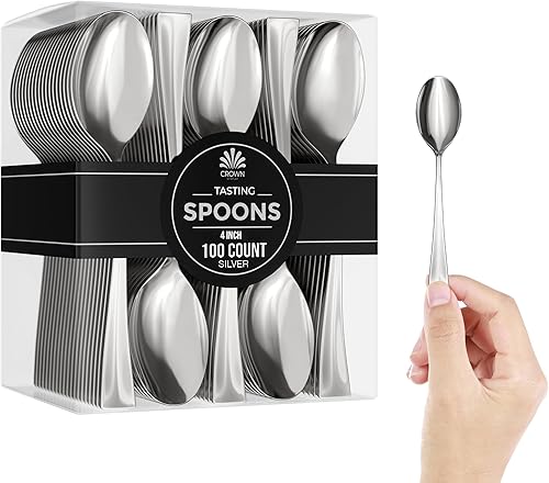 Exquisite Mini cucharas de plástico plateadas para cucharas de degustación desechables paquete de 100 unidades mini cucharas de degustación mini