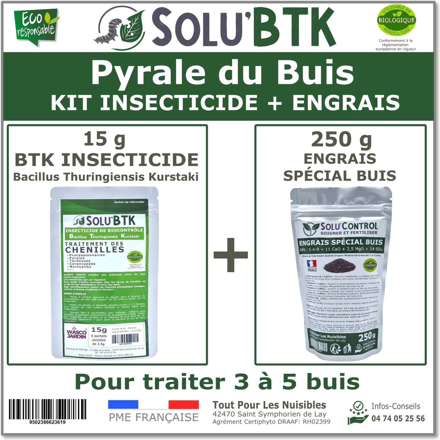 Bacillus Thuringiensis Israelensis Insecticide Biologique SoluBTK Contre Chenilles Processionnaires Du Pin - 15g, Utilisable En Agriculture Bio - Pour 1 Petit Pin Produit Agriculture Biologique