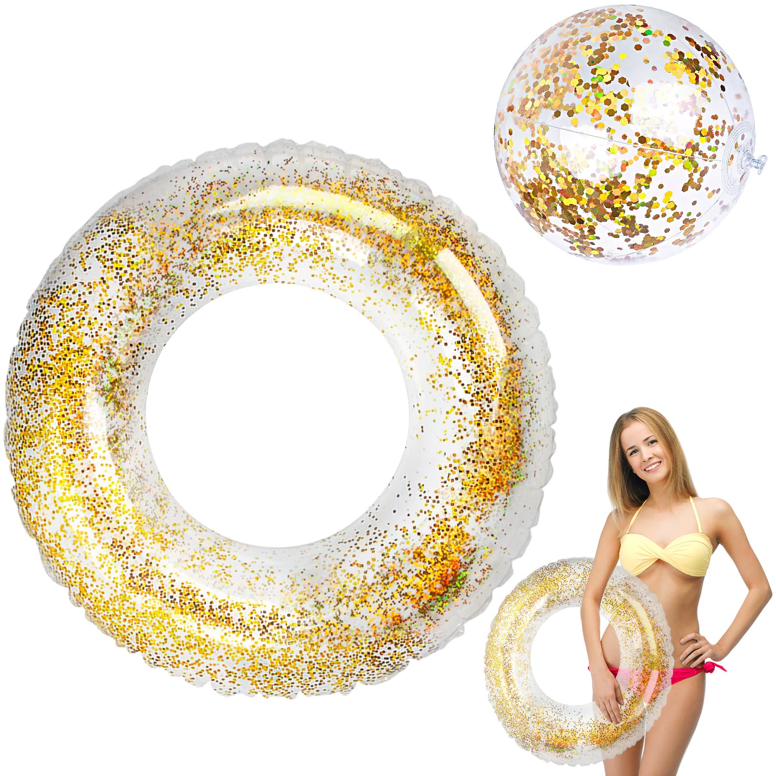 Flotadores Piscina, RosyFate Flotador Purpurina Adulto, Pelota de Playa, Anillo de Natación Inflable, Flotador Transparente, Flotador Hinchable, Juguetes de Playa para Piscina de Verano