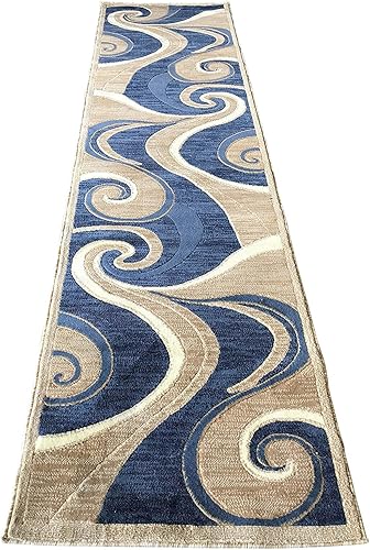 Miniatura 1 de Americana Alfombra moderna de pasillo largo, color azul, beige, diseño de remolinos goldish 144 (32 pulgadas x 10 pies)