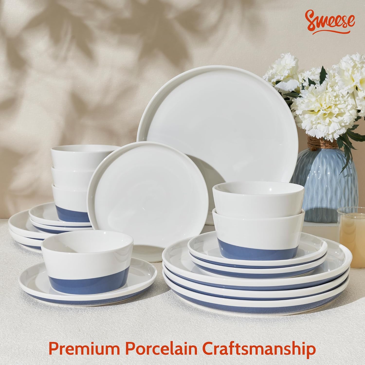 Sweese 18 Pieces Porcelain Dinnerware Set, Modern Dish Set for 6, Hand Painted Kitchen Plates and Bowls Sets, Scratch Resistant Dishware Sets, Dishwasher & Microwave & Oven Safe Dinner Set, Blue