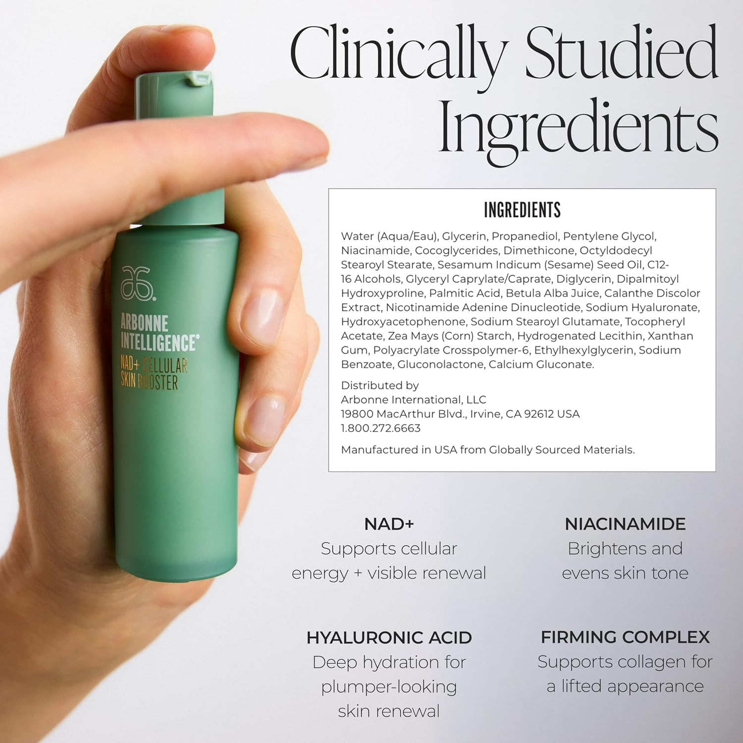 Arbonne Intelligence(R) NAD+ Cellular Skincare Booster – Face & Eye Serum, Supporting, Firming, Smoothing & Brightening – Niacinamide, Hyaluronic Acid & Orchid Stem Cells – 1 fl oz