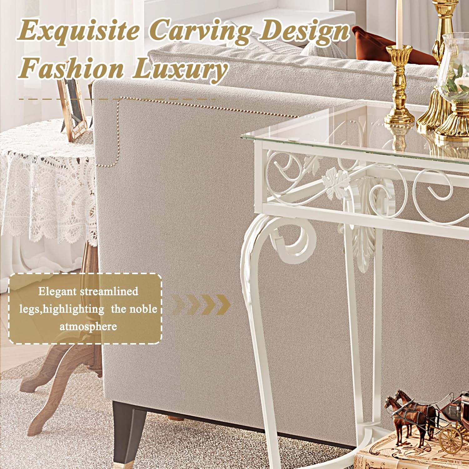 HavenlyYouth Console Table 47.2", Tempered Glass Sofa Table with Metal Frame, Console Tables for Living Room, Entryway, Hallway, Foyer, Adjustable Feet (White)