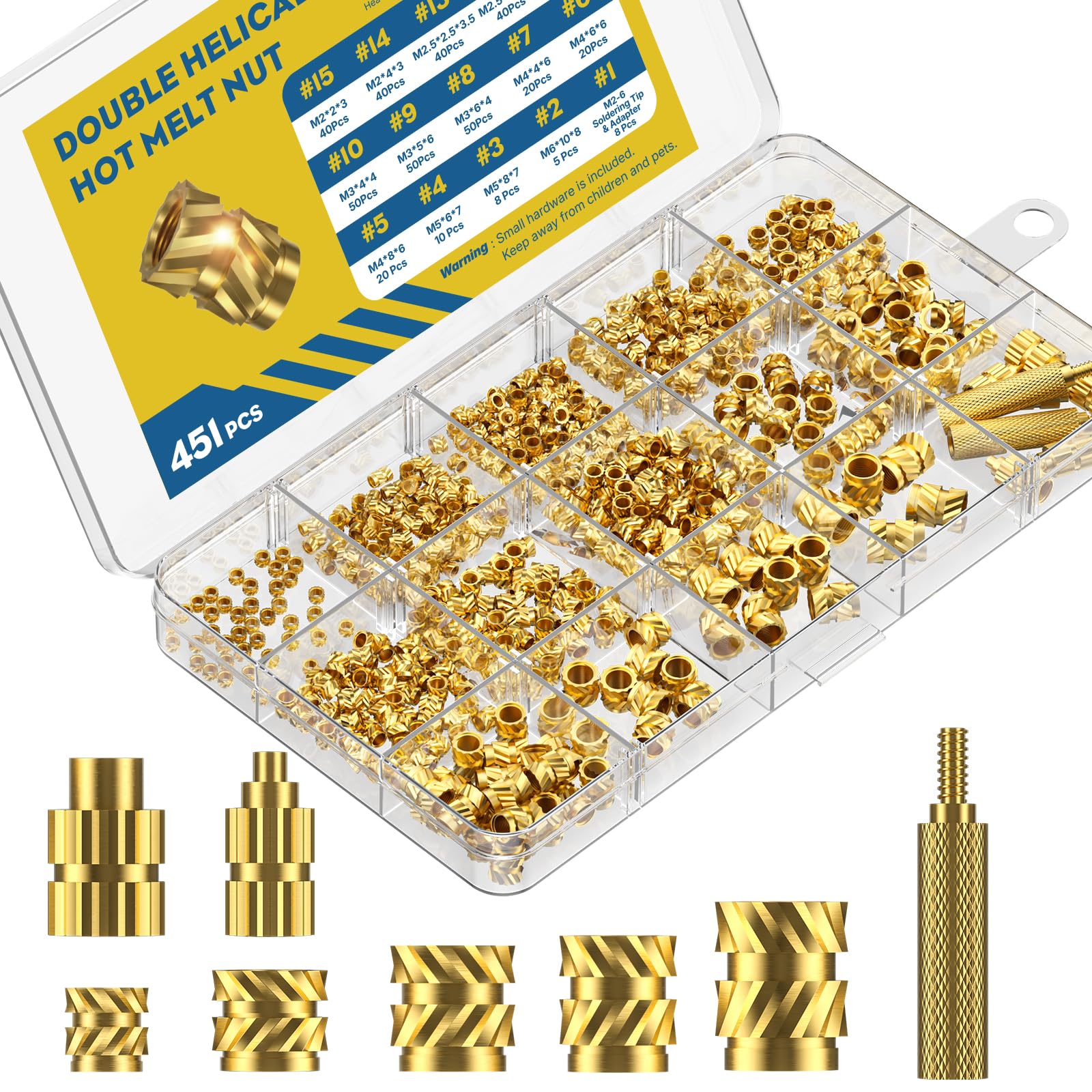 Uniclife 451 Pcs Threaded Inserts for Plastic, M2 M2.5 M3 M4 M5 M6 Heat Set Inserts with Soldering Tip & Adapter, Brass Heat Inserts, Metric Knurled Nut Inserts Kit for 3D Printing Components