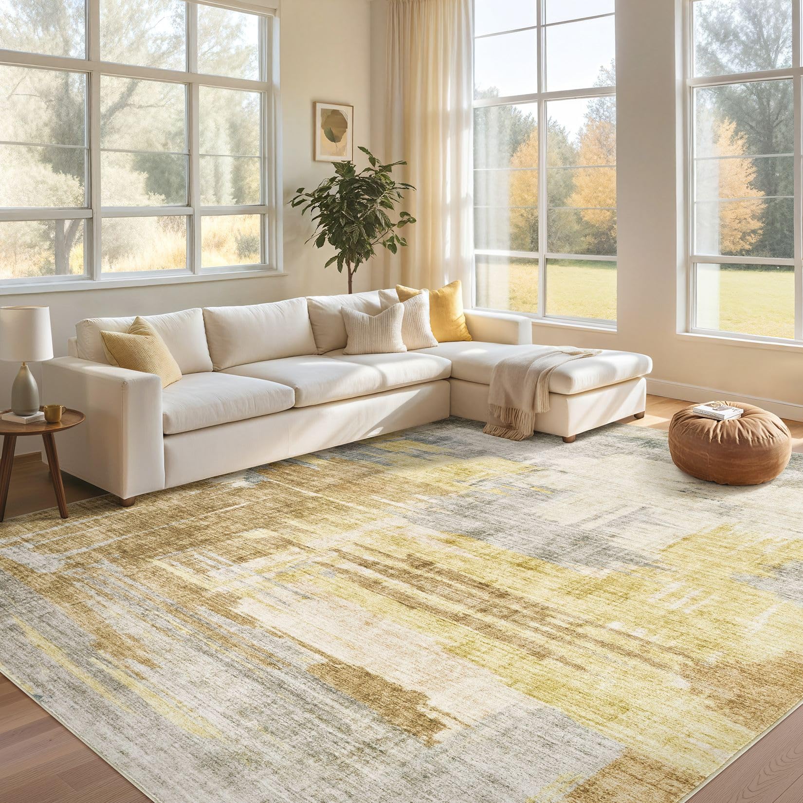 Area Rug for Living Room - 9X12 Modern Washable Soft Large Abstract Rugs, Non-Slip Low Pile Carpet for Bedroom Dining Room Home Office - Gold Gray