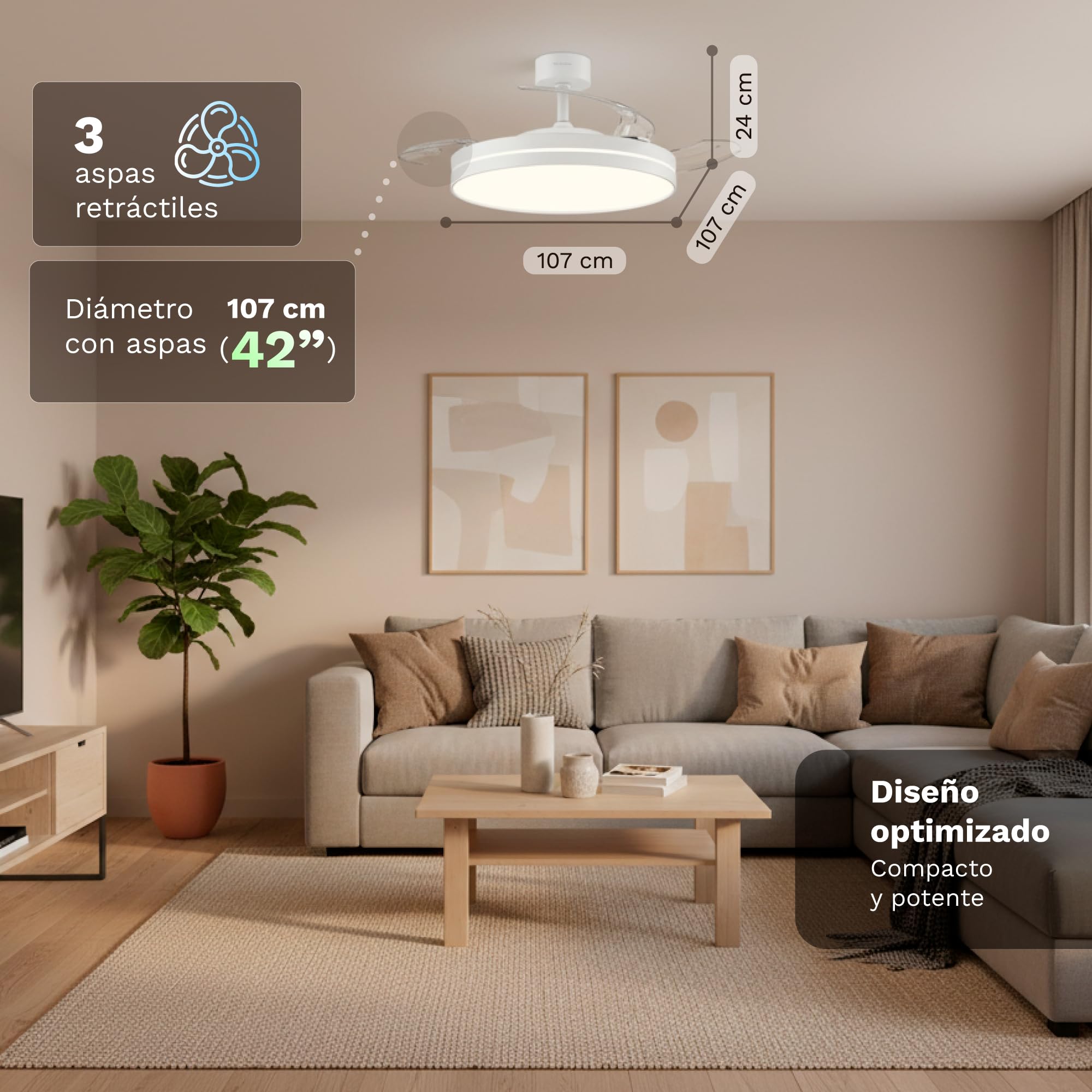 Grunkel Ventilador de Techo 42” | Motor DC 30W | Aspas Retráctiles | Luz LED 24W | 6 Velocidades | Rotación Inversa | Mando a Distancia |