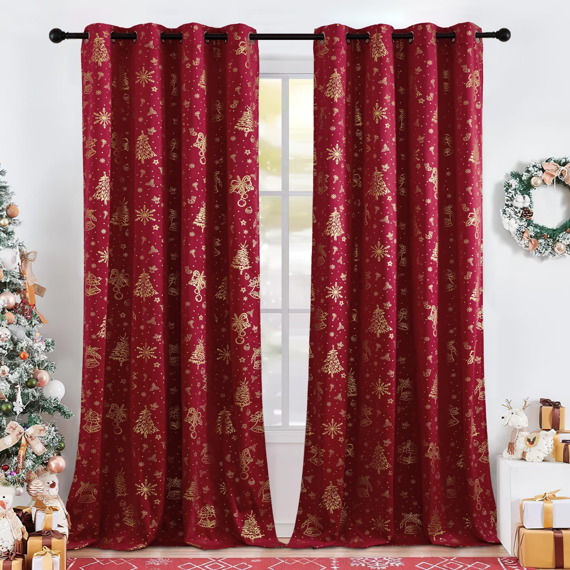 PONY DANCE Christmas Curtains with Gold Foil Printed - Eyelet Blackout Thermal Insulated Curtains for Bedroom, Christmas Snowflake & Bell Design, 46x90 Inches, Set of 2 Panels