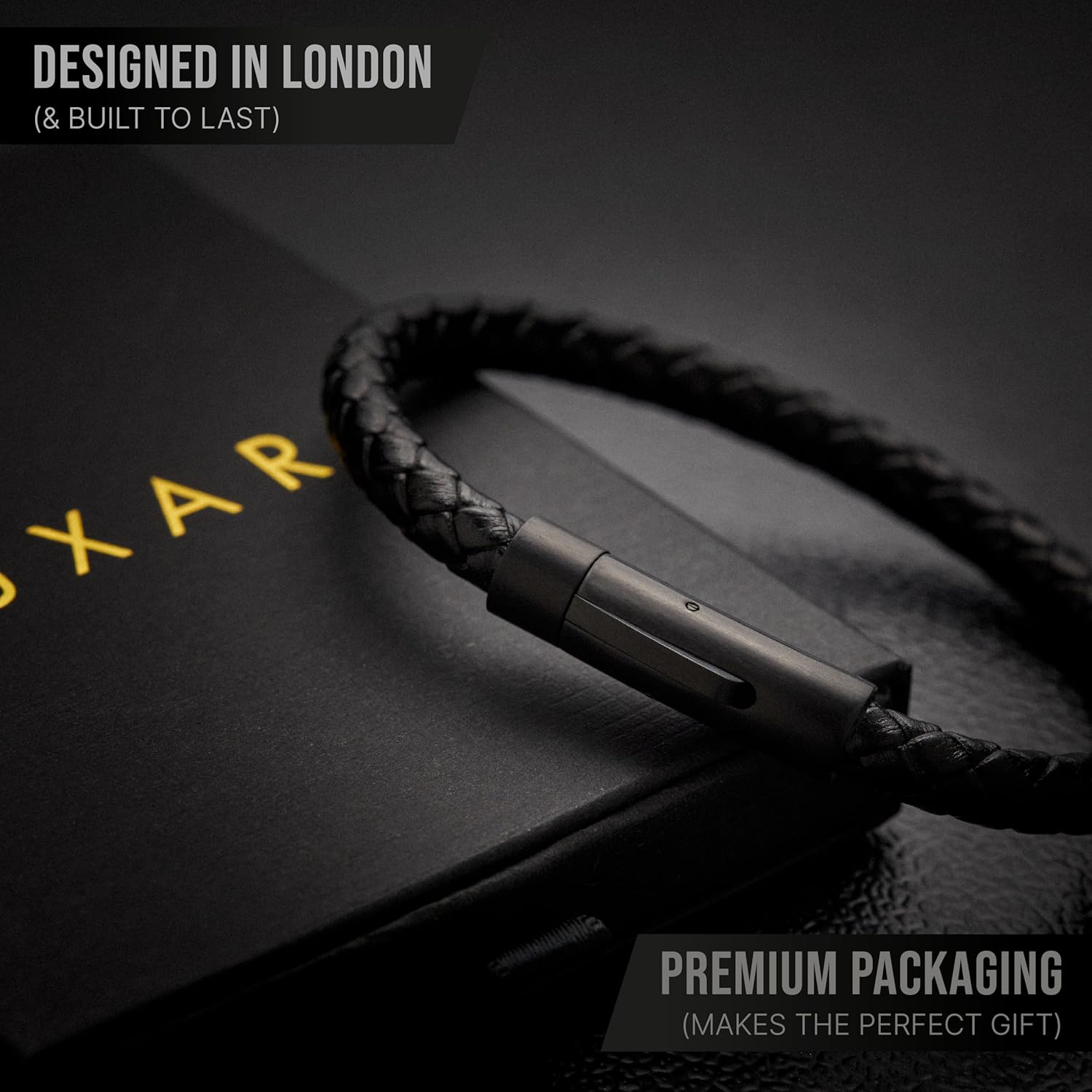 LUXAR Men’s Genuine Leather Bracelet | Interwoven Black Leather Bracelets with Brush Stainless Steel Clasp | Minimalist, Designer Jewelry for Men (Black Round, Medium) - Image 2