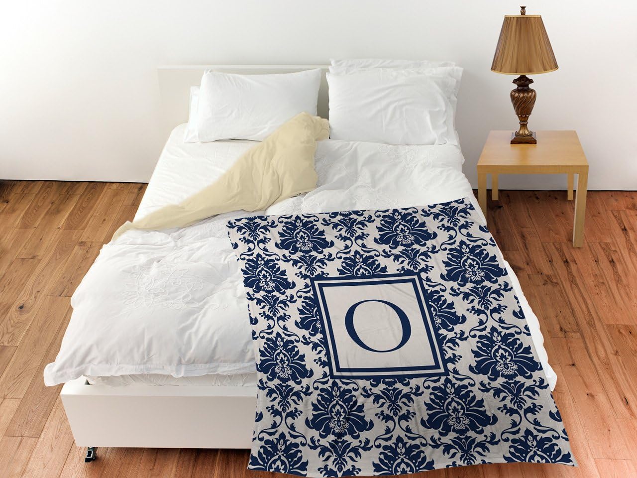 Manual Woodworkers & Weavers Coral Fleece Throw, 60 by 80-Inch, Monogrammed Letter O, Blue Damask