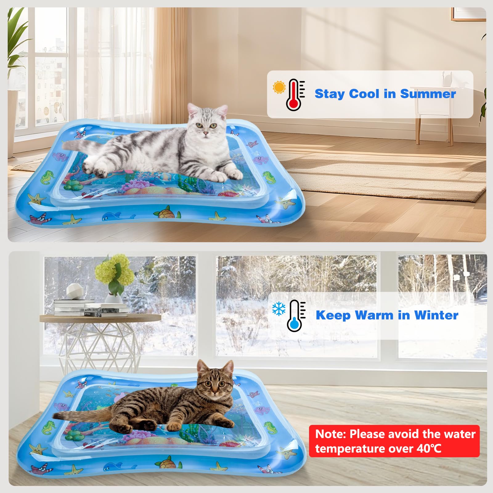 Tapis Eau Chat Tapis Jeu Chats Gonflable sur Le Thème de L'océan Été Tapi d'eau Sensoriel Interactif Anti-Rayures pour Chaton Chiens Animaux Intérieur et Extérieur