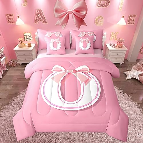 jejeloiu Kawaii Pink Bowknot Bed Set, Queen Size, Decor Gifts for Women Teen Gir