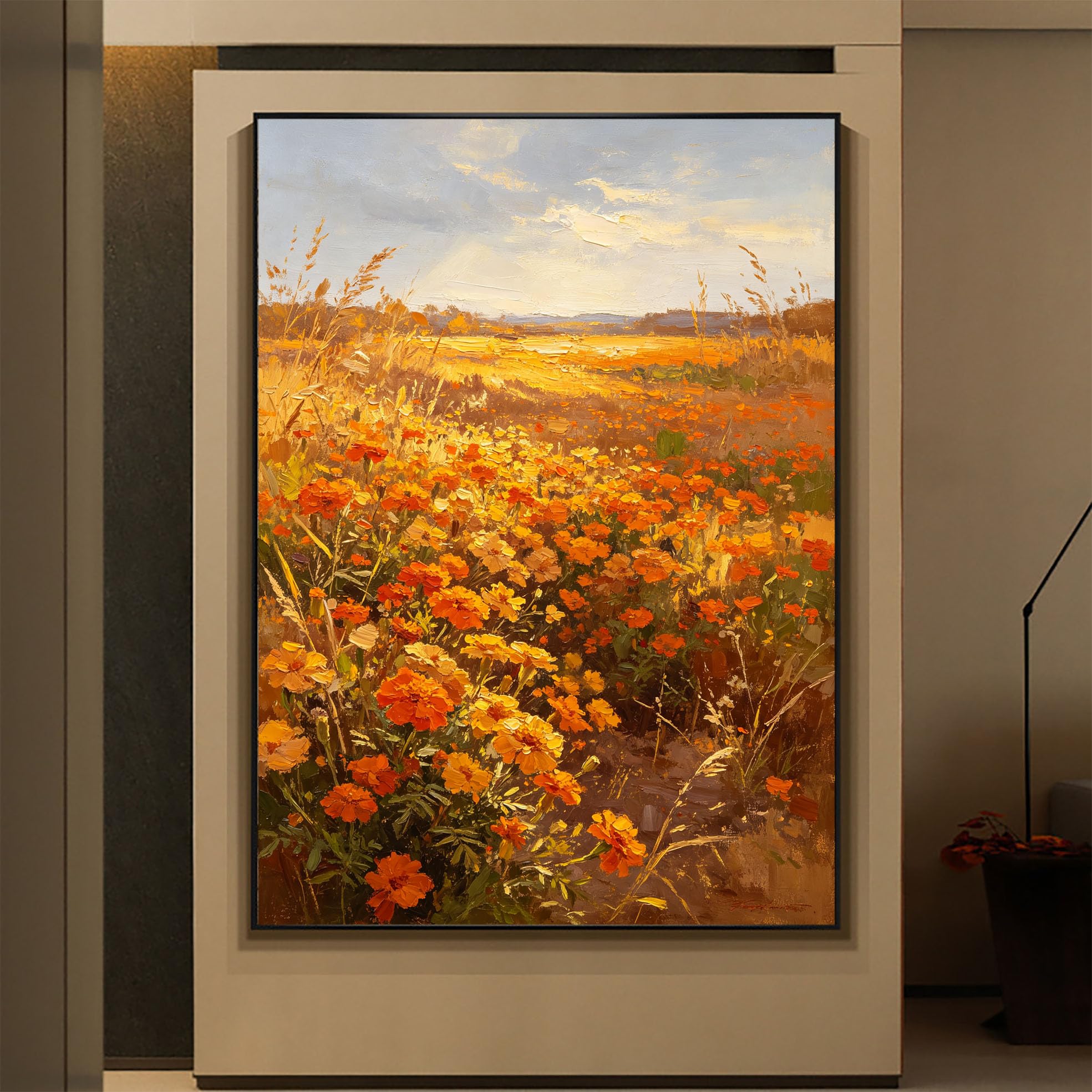 LCDIUDIU Dipinto Ad Olio Su Tela, Paesaggio Materico Dipinto A Mano, Senza Cornice, Autunnale, Fiori Selvatici, Prato Dorato, Tramonto, Opera D'Arte Rurale E Pastorale per La Decorazione Della Casa