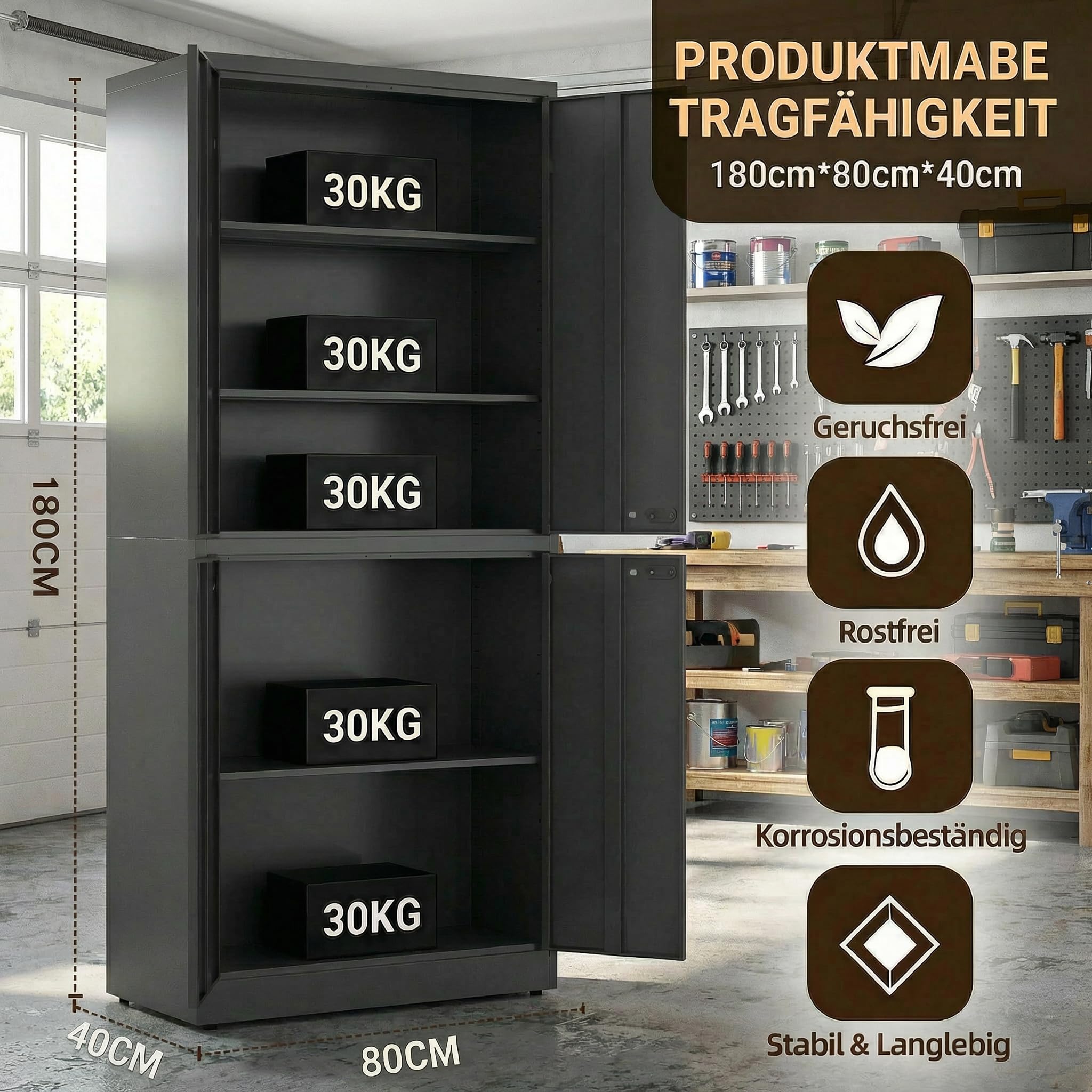 Mehrzweckschrank, Metallschrank, Werkzeugschrank mit 4 Türen Verstellbare Regale, Aktenschrank Abschließbar für Büro Garage 180X80X40cm Schwarz