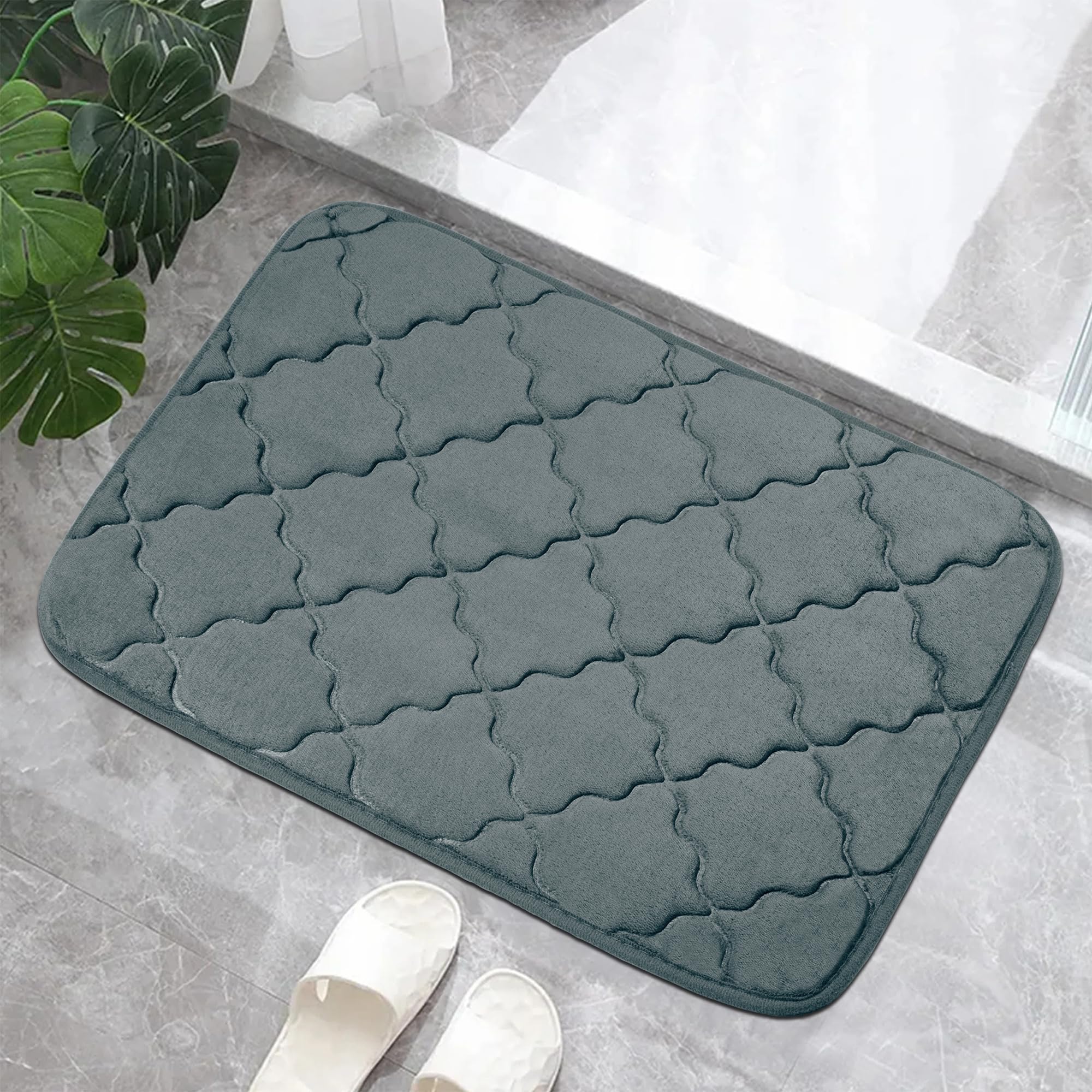 Story@Home Bathroom Mat Set of 1, Anti-Skid Microfiber Bathroom mats Water soak, 60x40 cm, Grey Quatre Foil Design, Kitchen Accessories Items for Home & Bathroom, Perfect Door mats for Home Combo