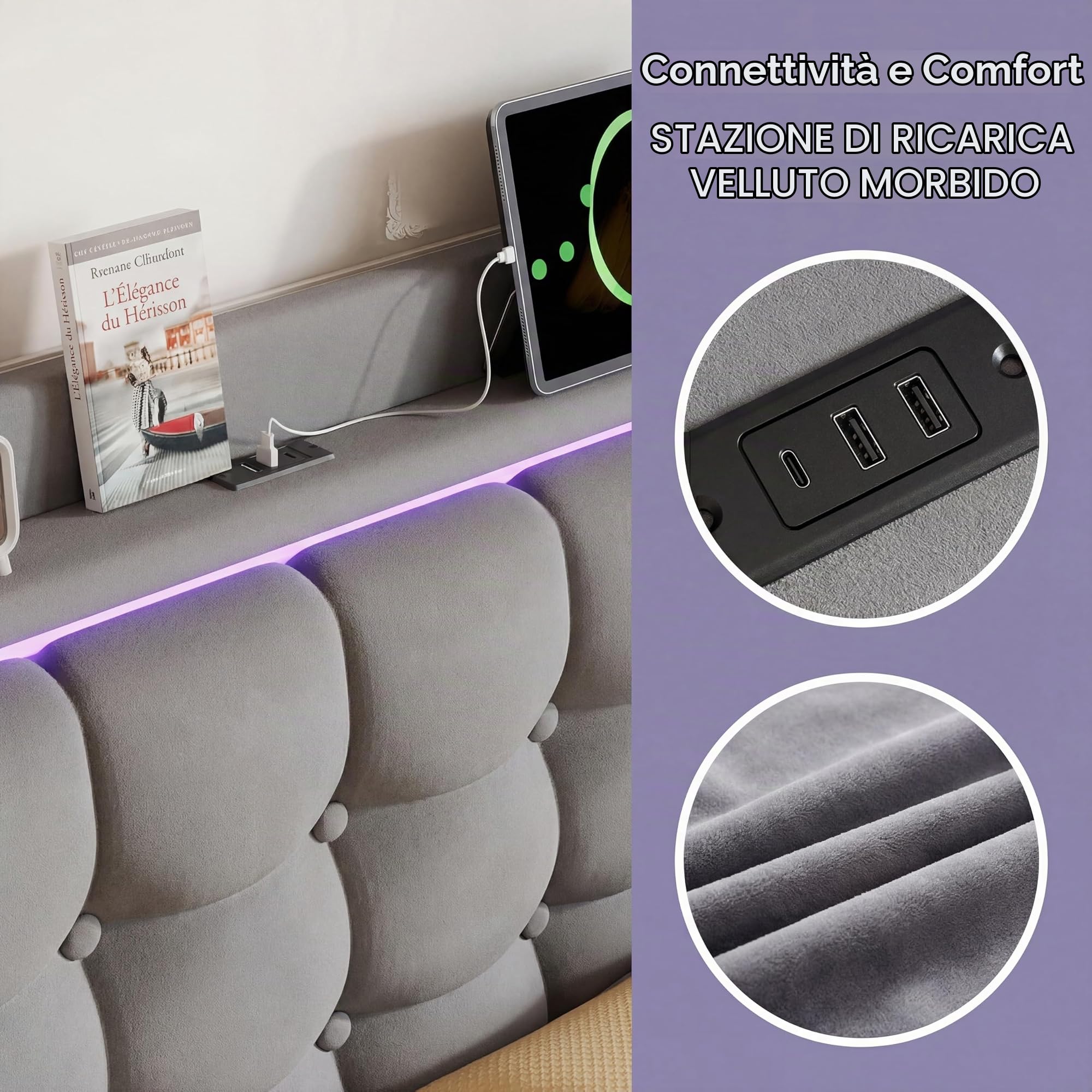 Letto 160 x 200 con rete, telaio letto multifunzionale, testiera imbottita con stoccaggio, struttura stabile, effetto galleggiante, velluto, grigio scuro (grigio scuro D, 160 x 200 cm)