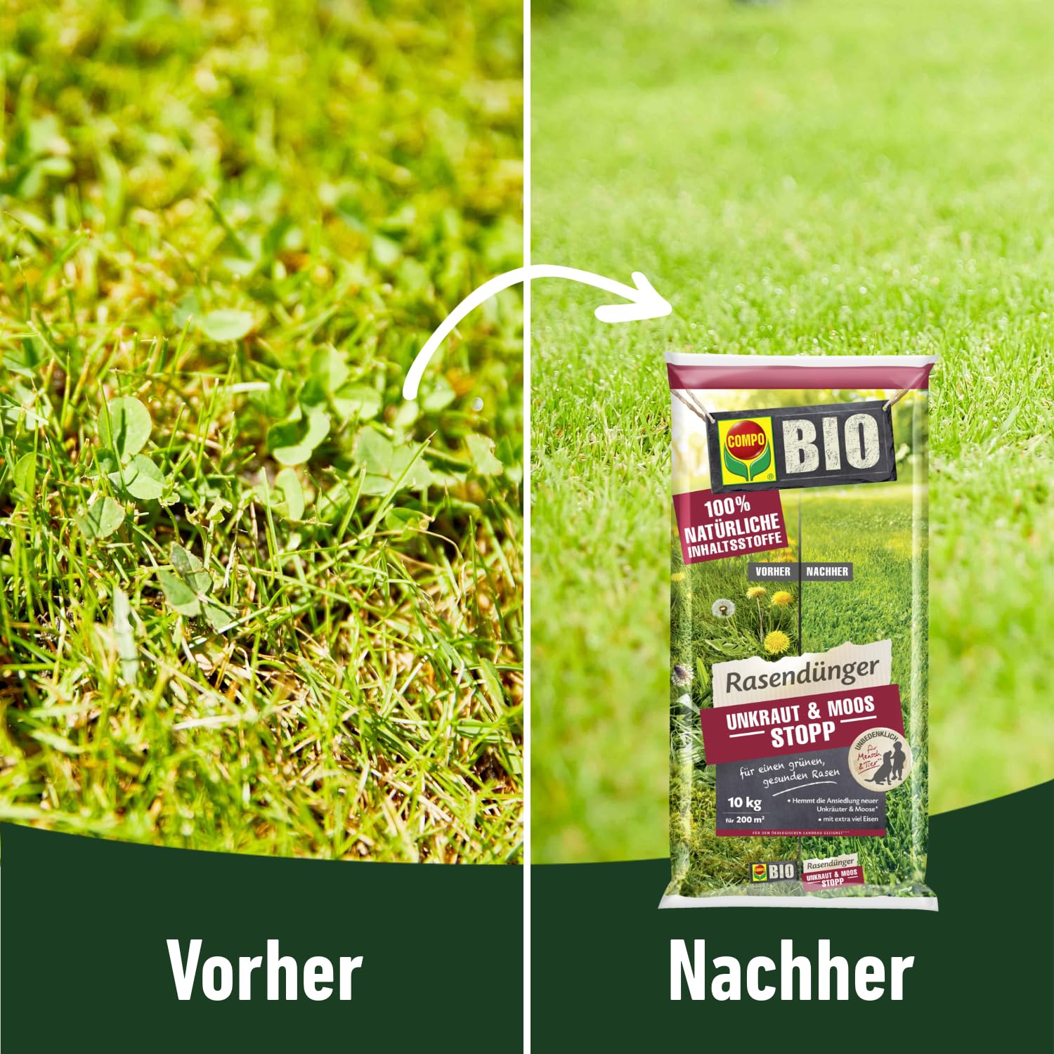 COMPO BIO Rasendünger Unkraut & Moos Stopp - verhindert Ansiedlung von Moos und Unkräutern - 100% natürliche Inhaltsstoffe - 10 kg für 200m²