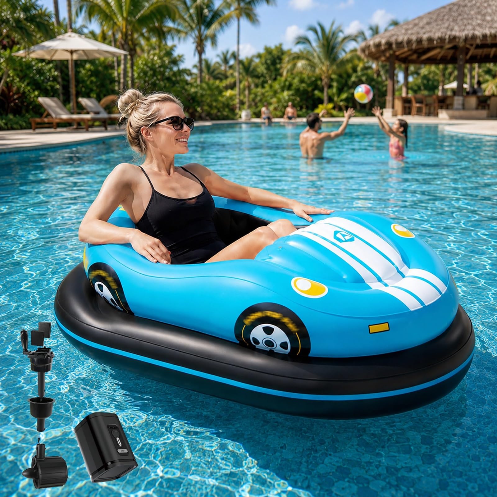Bateau Auto-Tamponneur Électrique Gonflable et Flotteur Motorisé Adulte | Bouée Tamponneuse à Moteur 50W avec Rotation 360°, Joystick, Capacité 120kg, Pompe Sans Fil et 2 Batteries
