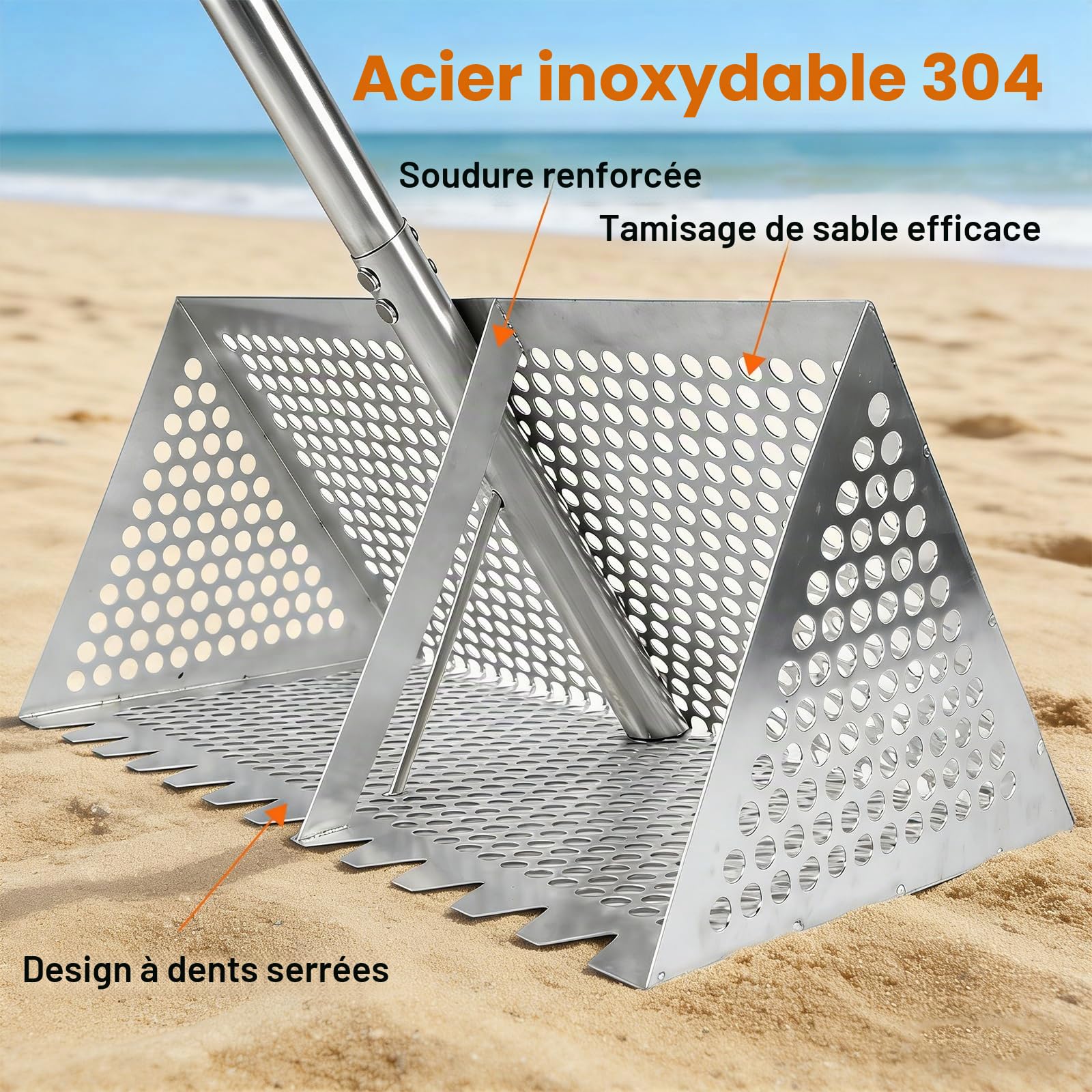 Râteau anti-puces de plage en acier inoxydable 304 et seau – Poignée amovible de 132 cm de long, attrape-crabes de sable, râteau pliable pour dents de requin, collecte des puces et coquillages