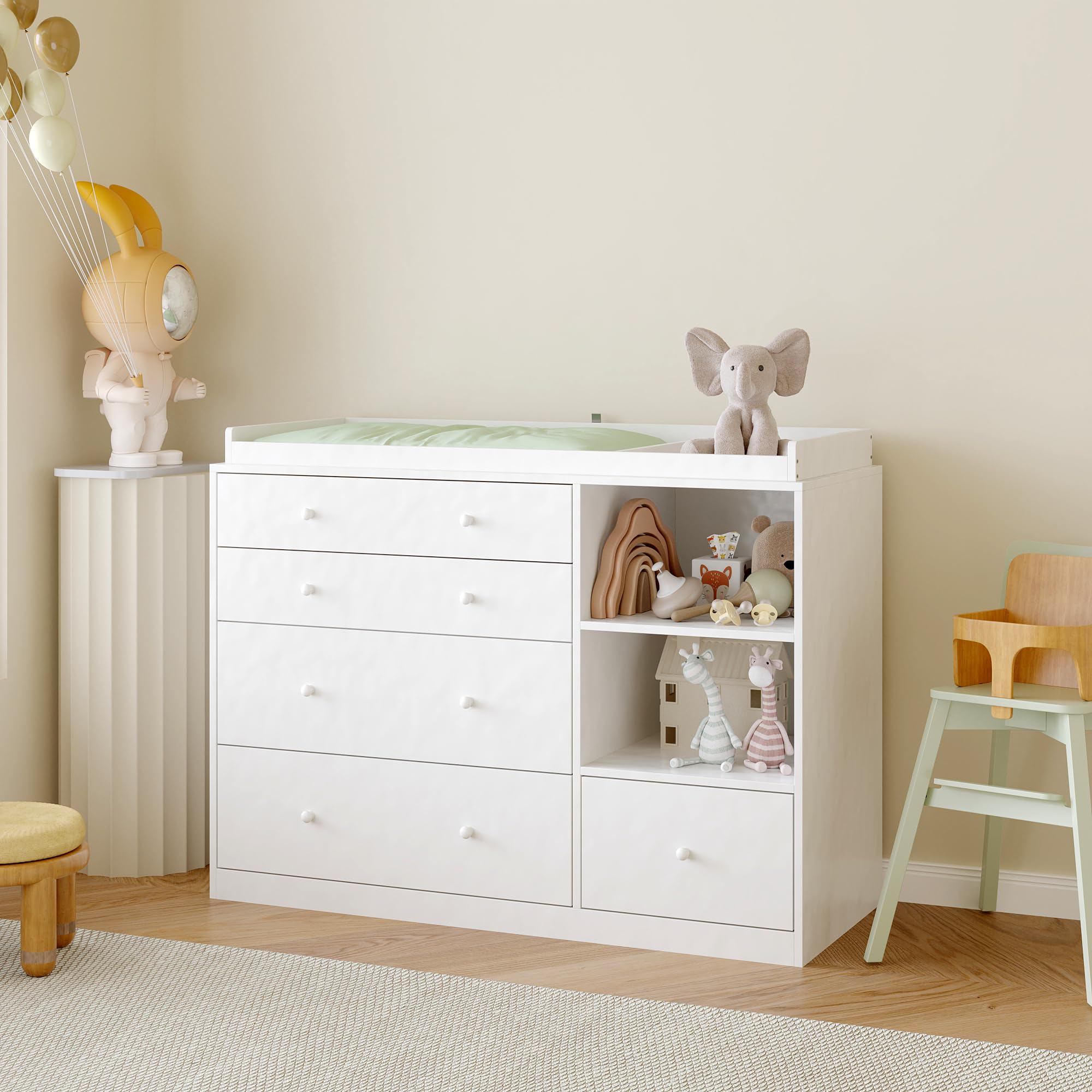Caldion Commode à langer avec table à langer blanche, commode pour bébé avec 5 tiroirs et surface de rangement, commode de rangement pour chambre de bébé, 120 x 50 x 85 cm