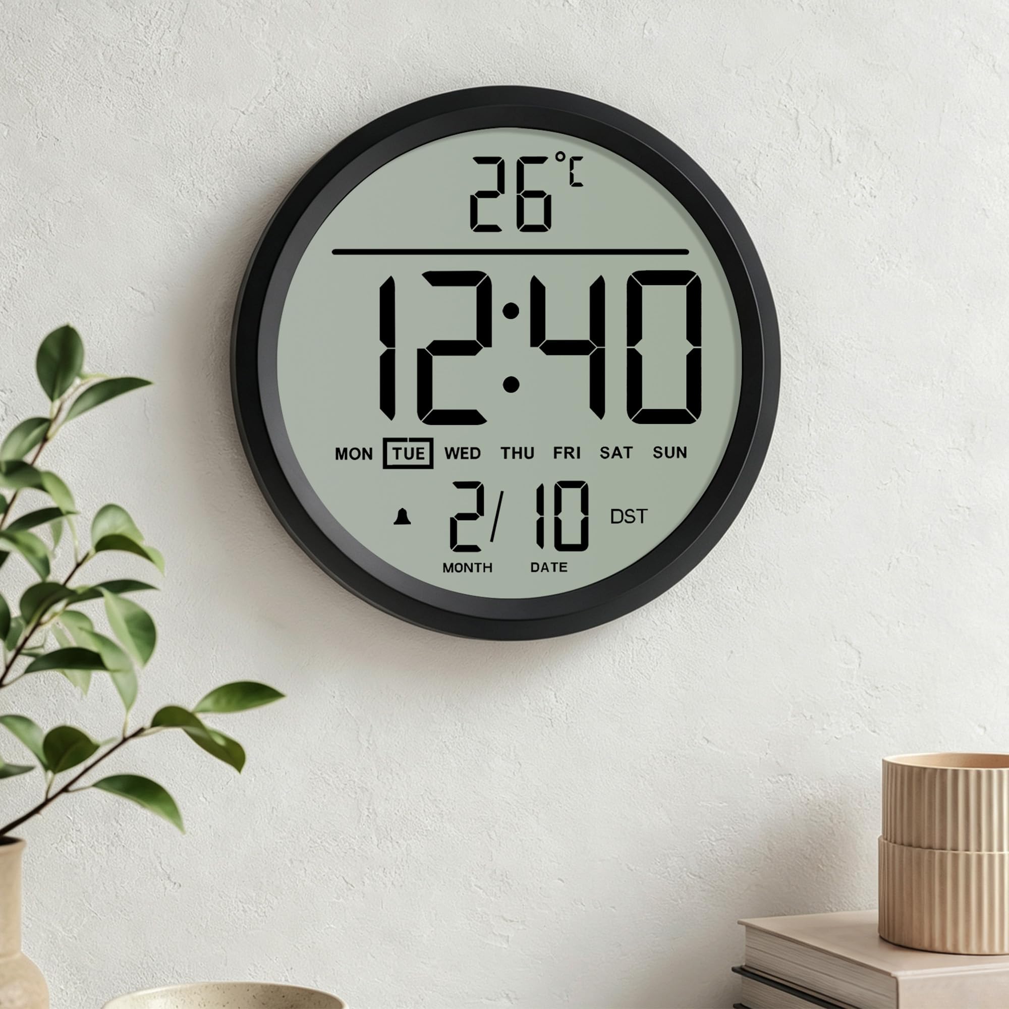 Runden Digitale Wanduhr 20cm, Groß Uhr mit Temperaturanzeige, Datum, Sommerzeit, Kalender, 12/24h, Wecker mit Werktags/Wochenend-Modus für Schlafzimmer Wohnzimmer