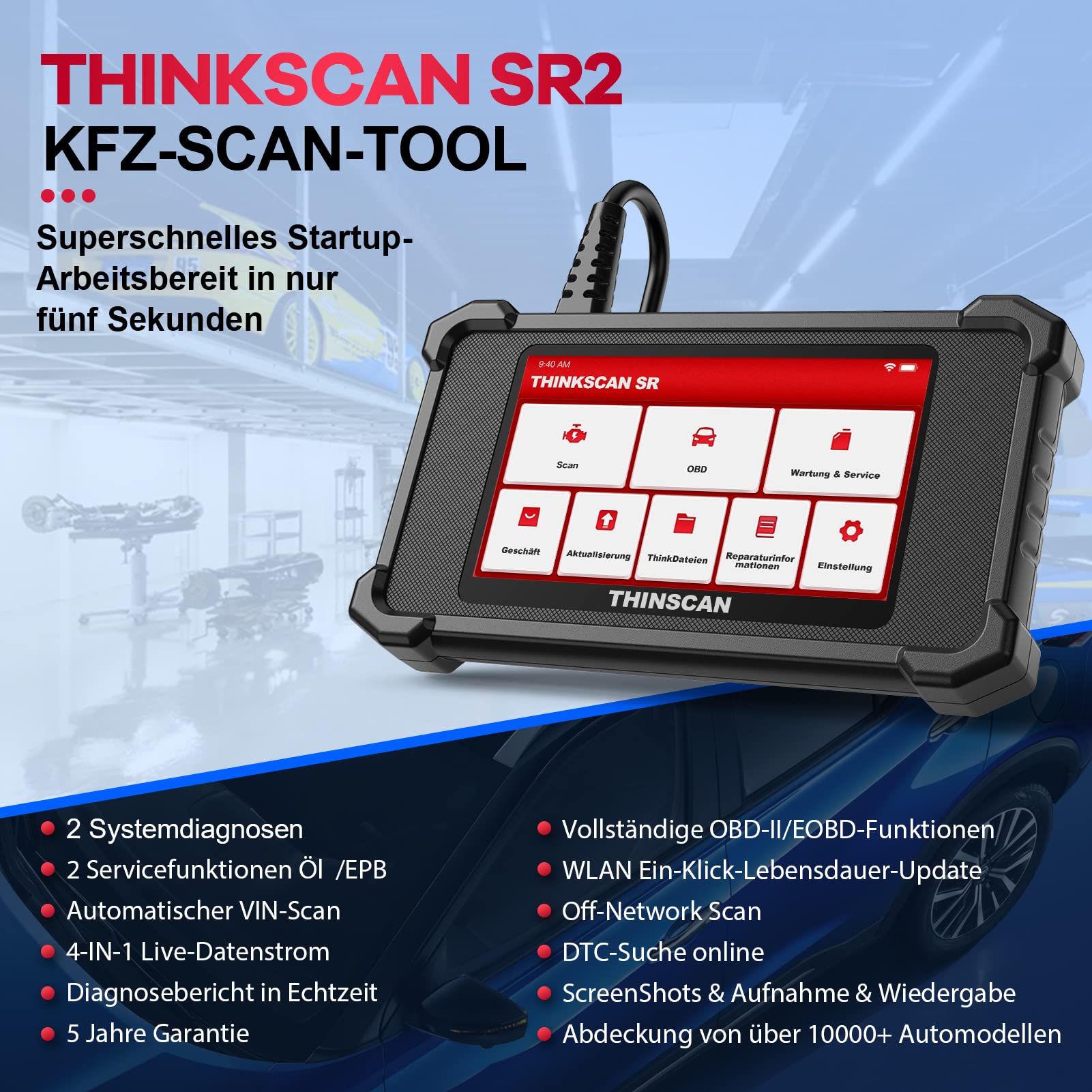 thinkcar Urządzenie diagnostyczne OBD2, SR2 OBD2, urządzenie diagnostyczne do samochodu, z 2 diagnostykami systemów (ABS + SRS) i 2 funkcjami serwisowymi (olej + EPB), czytnik samochodowy z Bluetooth