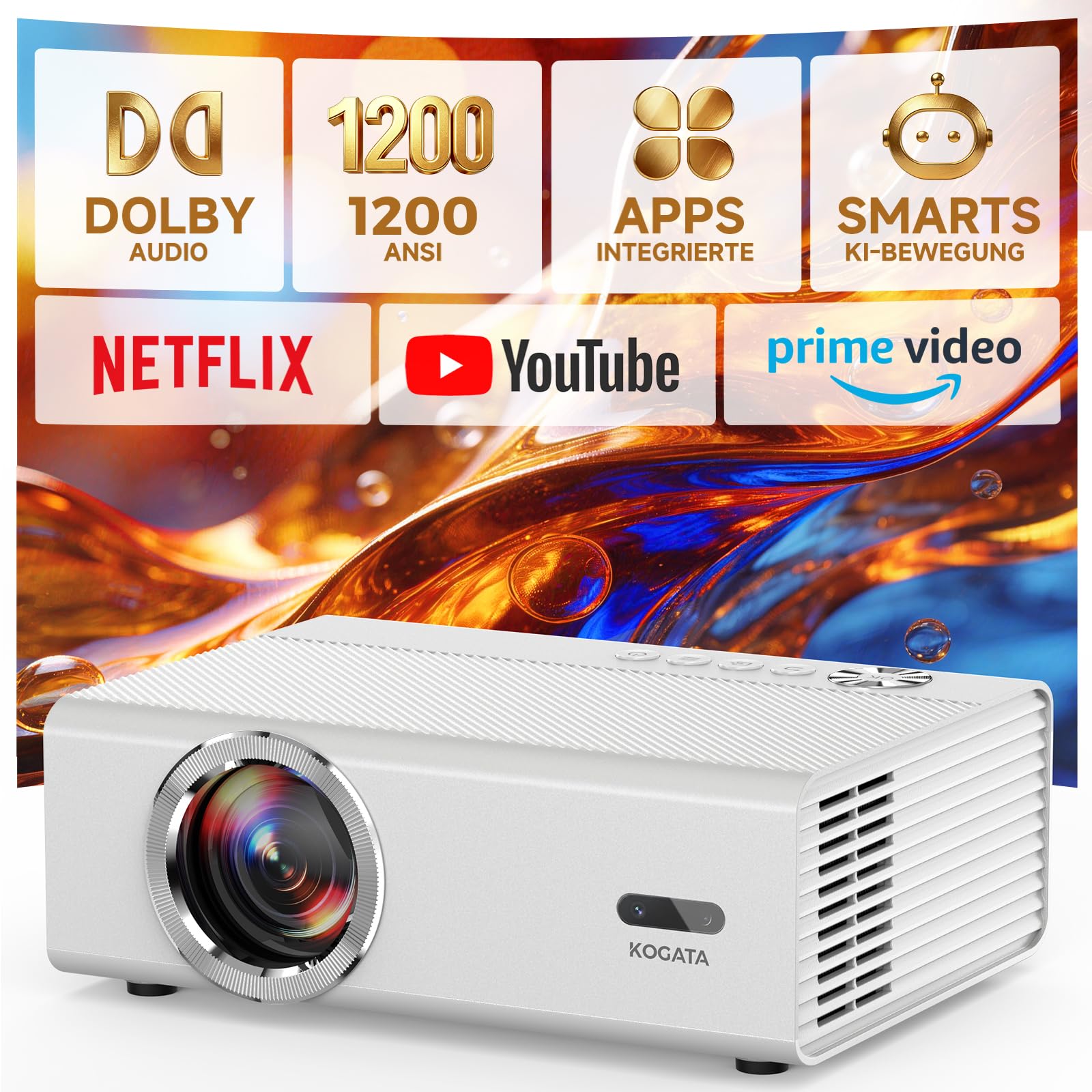 4K Smart Beamer mit WLAN & Bluetooth, KOGATA Projektor mit Autofokus, 6D Keystone, HDR10+ | Kompatibel mit Netflix-App & Dolby Audio | Heimkino Beamer für Garten & Streaming ohne TV-Stick