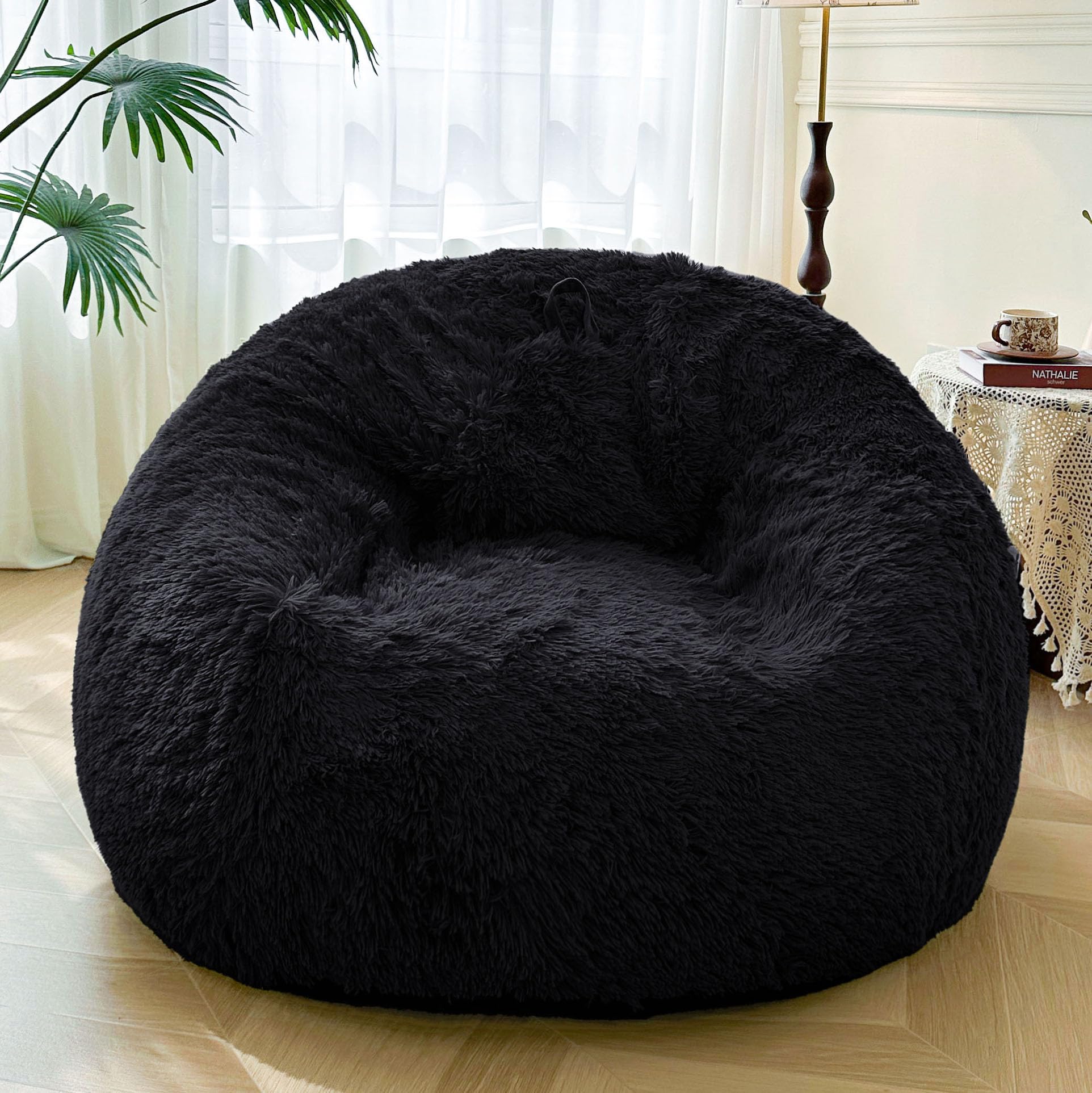 XeGe 5FT Giant Fluffy Bean Bag Chair Cover(No Filler), Ultra Soft Faux Fur Stuffed Animal Storage Bean Bag, Plush Shaggy XL Large Beanbag for Living Room Bedroom Home Decor, Black