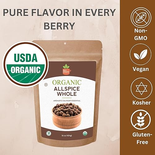 Miniatura 2 de SPICY ORGANIC Bayas de pimienta de Jamaica orgánicas puras enteras de 16 onzas. Certificado USDA Orgánico - Semillas de pimiento y pimientos prémium