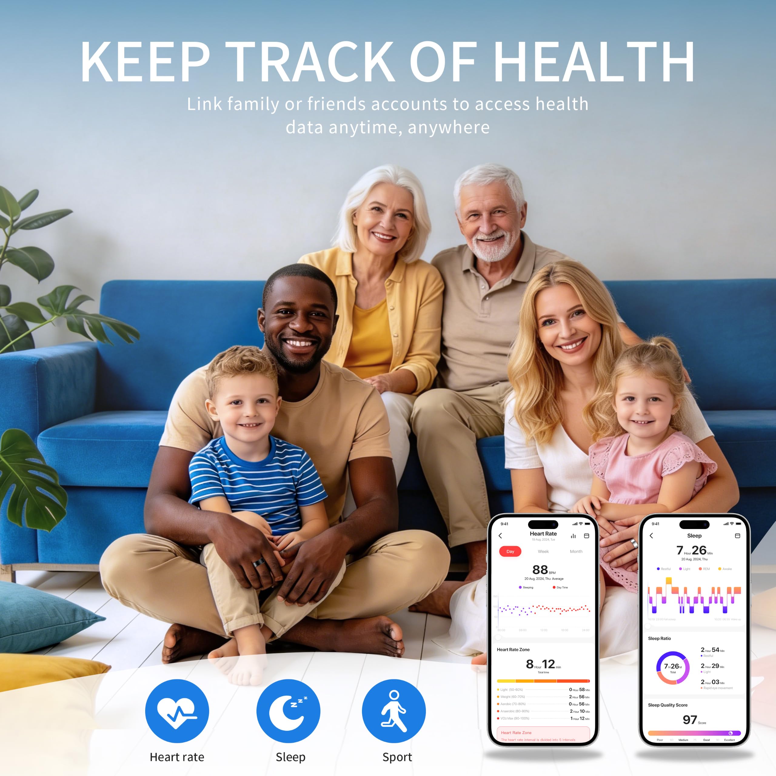 Smart Ring Health Tracker per donne e uomini, monitoraggio della salute dell'esercizio del sonno, monitoraggio giornaliero, compatibile con iOS/Android, impermeabile IP68, nessun abbonamento richiesto