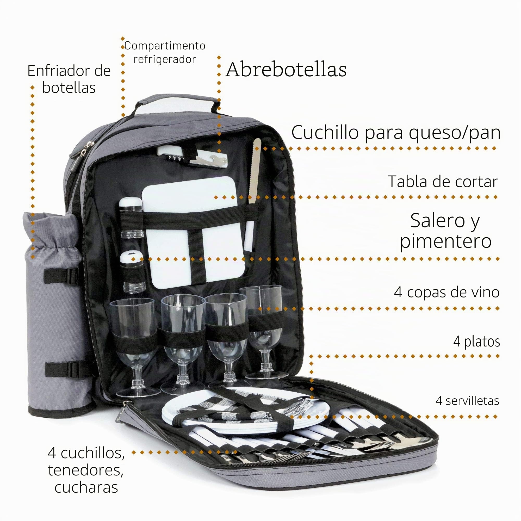 CampFeuer Mochila de Picnic para 4 Personas | Color Gris| Juego de Picnic con 31 Piezas | Incl. Portabotellas, Gran Compartimento de Refrigeración, Vajilla y Cubiertos | Mochila Nevera Isotérmica