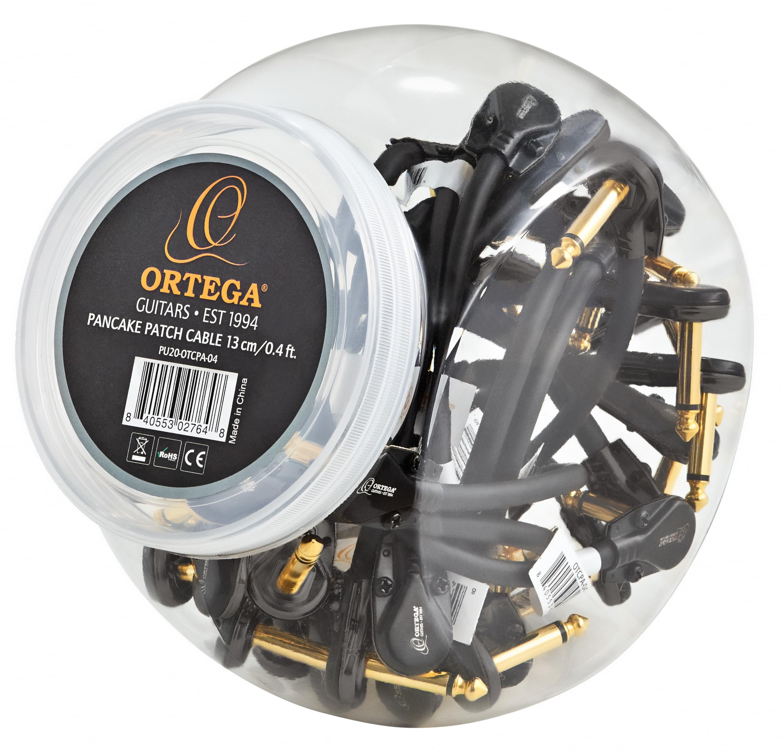 Ortega Guitars Display Box Cable - 20 Stück Patch Instrumentenkabel - Set - Länge 13 cm - Gewinkelt - Mantel aus Kunststoff, Schwarz (PU20-OTCPA-04)