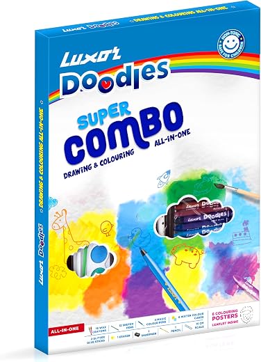 Luxor Doodles Super Combo Art Set - Ignite Imagination with Diverse Crayons, Sketch Pens, Water Colors, Glitter, Glue, Era...